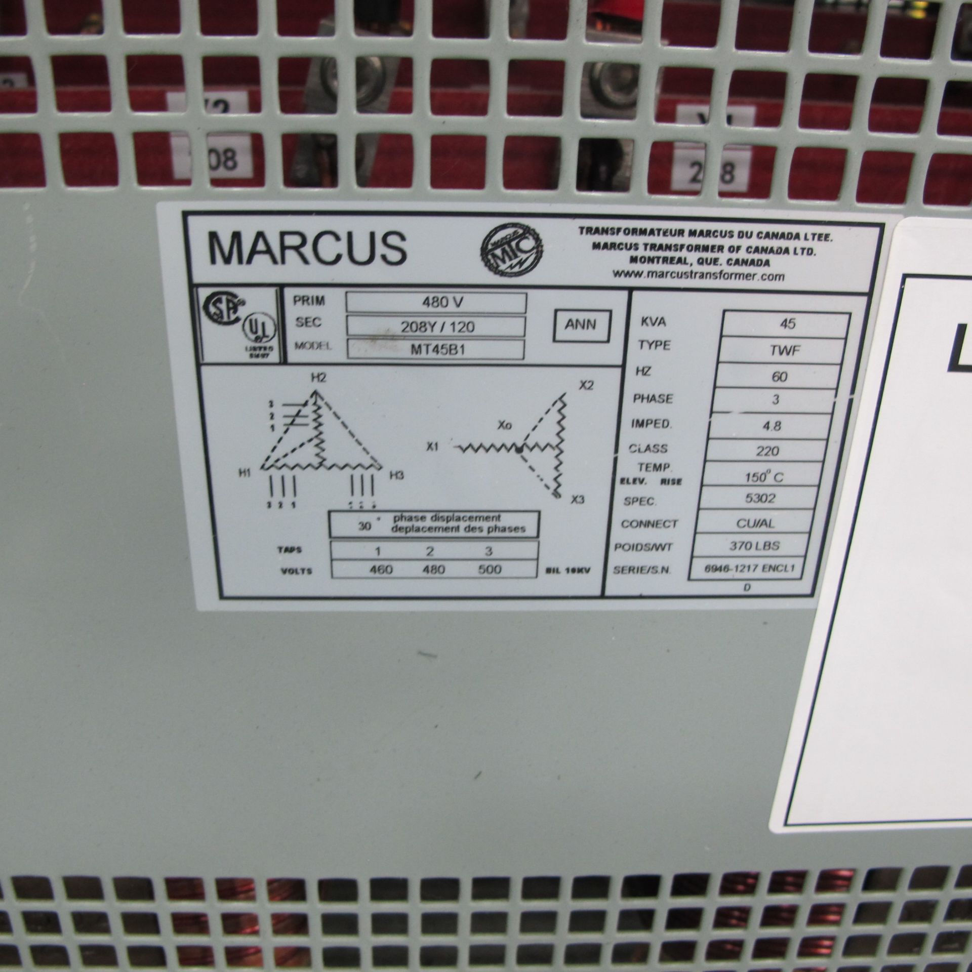 MARCUS TRANSFORMER 45KVA, 480 V, 3 PHASE W/SWITCH BOX - Image 2 of 2