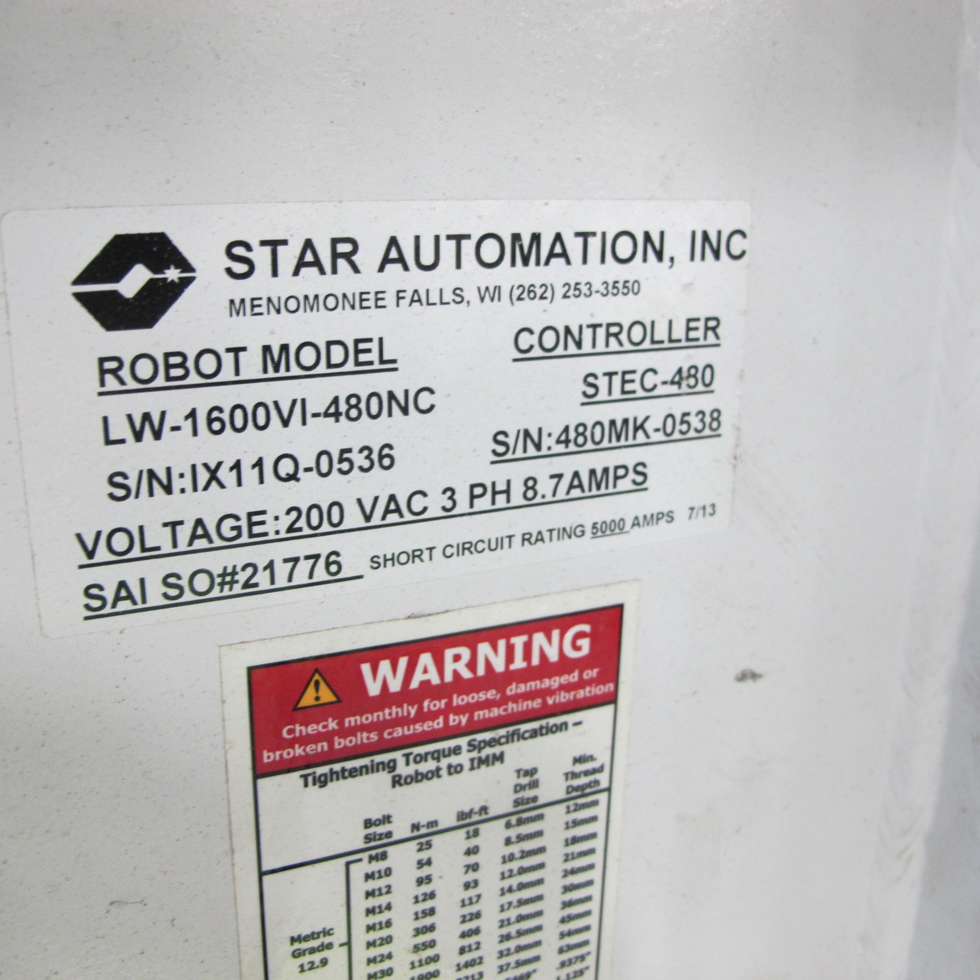 STAR AUTOMATION LW-1600V1-480NC, 3 AXIS SERVO ROBOT, S/N 1X11Q0536 W/PENDANT CONTROLLER - Image 3 of 3