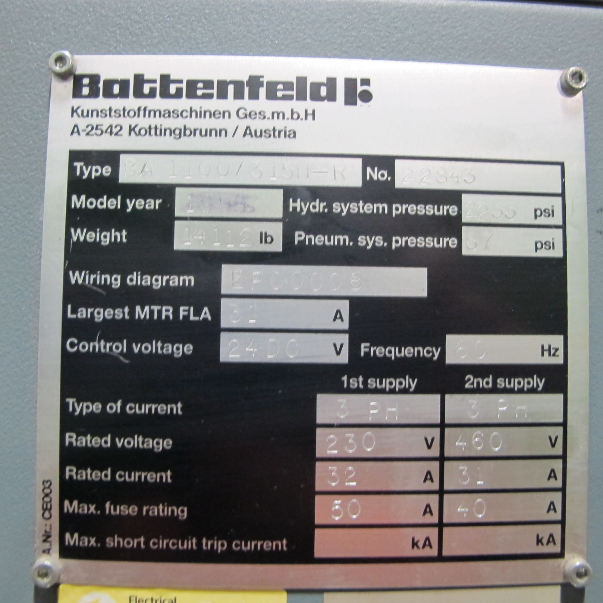 110 TON CAP BATTENFELD BA 1100/315H-R VERTAL INJECTION MOLDING MACHINE, MFG 1999, S/N 22843 - Image 5 of 7