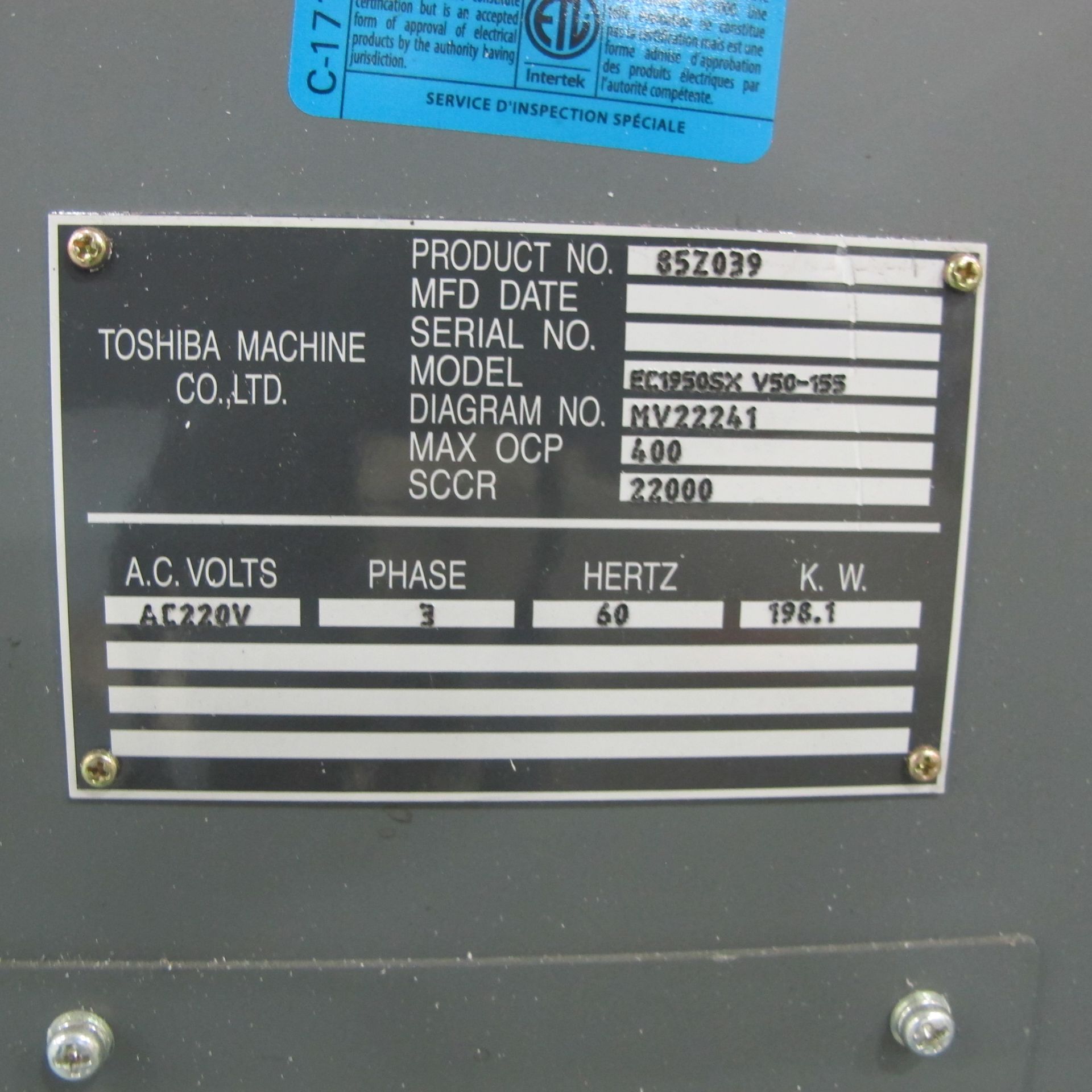 1980 TON 273 OZ TOSHIBA ALL ELECTRIC MODEL EC1950SXV50-155A HORIZONTAL INJECTION MOLDING MACHINE MFG - Image 9 of 35