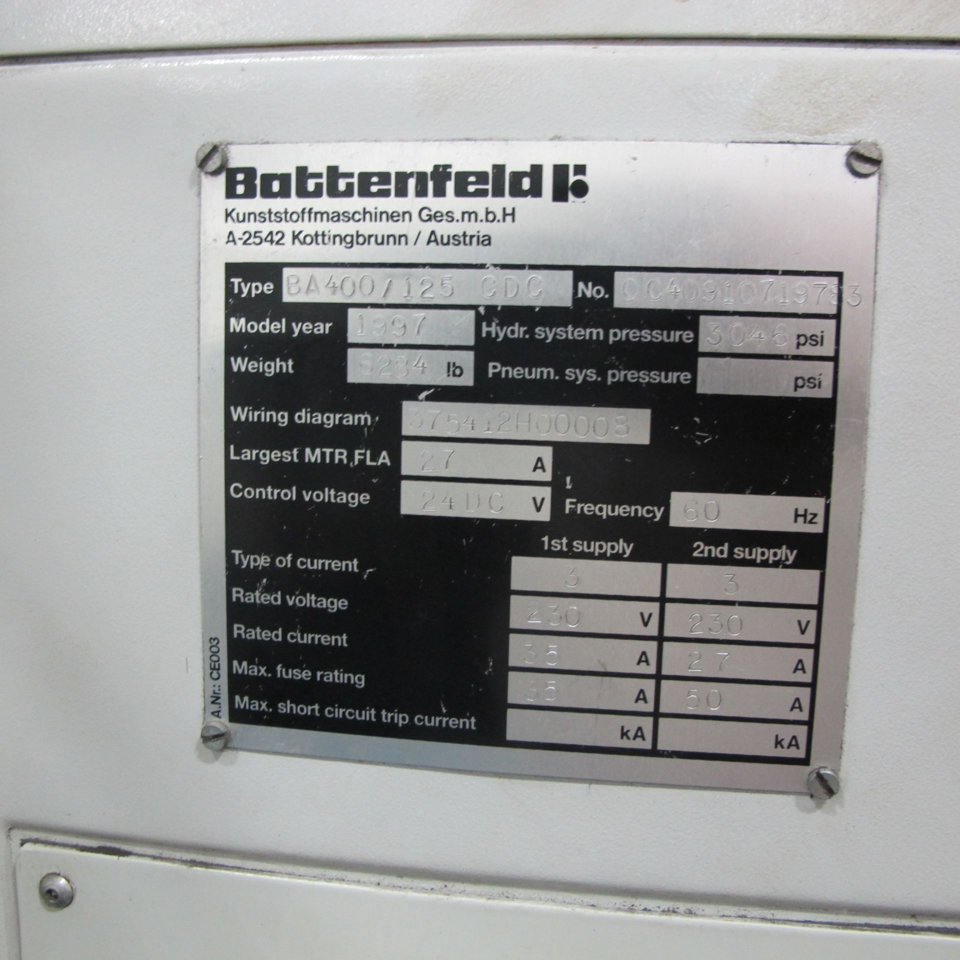 40 TON CAP BATTENFELD BA 400/125 CDC HORIZONTAL INJECTION MOLDING MACHINE, MFG 1997, S/N - Image 8 of 8