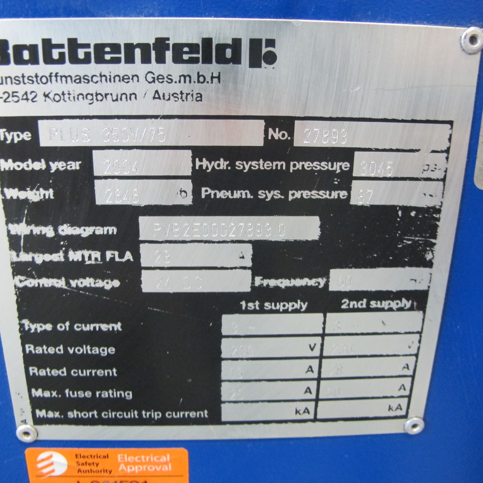 35 TON CAP BATTENFELD PLUS 350V/75 VERTICAL INJECTION MOLDING MACHINE, MFG 2004, S/N 27893 AS IS, - Image 5 of 6