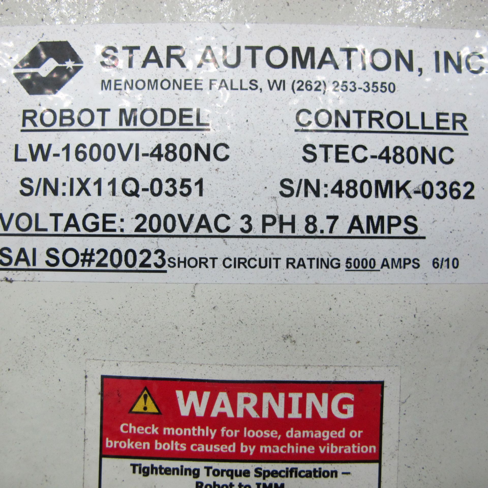 STAR AUTOMATION LW-1600 V1-E-480NC 3 AXIS SERVO ROBOT, S/N 1X11Q-0351 W/PENDANT CONTROLLER - Image 3 of 4