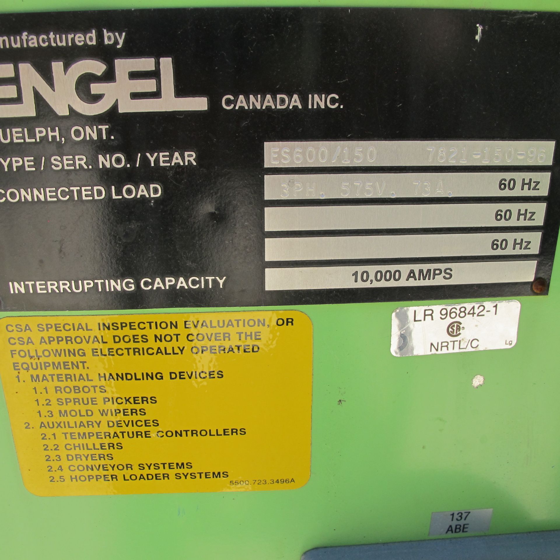 150 TON CAP ENGEL MODEL ES600/150 HORIZONTAL INJECTION MOLDING MACHINE, MFG 1996, S/N 7821-150-96 AS - Image 3 of 8