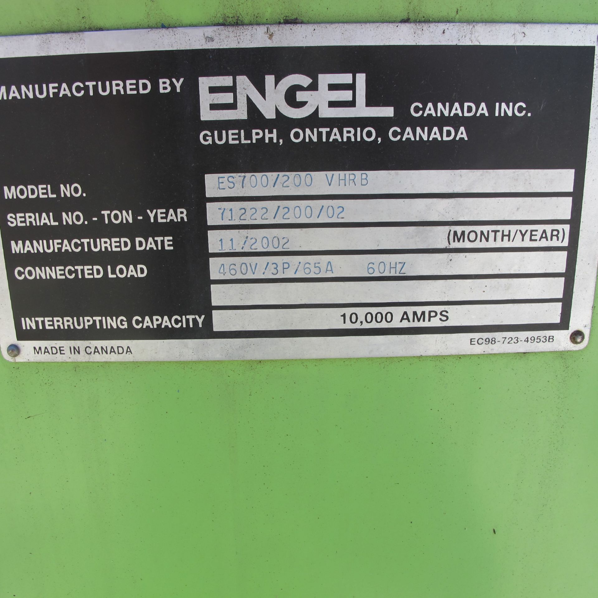 200 TON CAP ENGEL MODEL ES700/200 VHRB VERTICAL INJECTION MOLDING MACHINE, MFG 2002, S/N 71222/200/ - Image 2 of 7