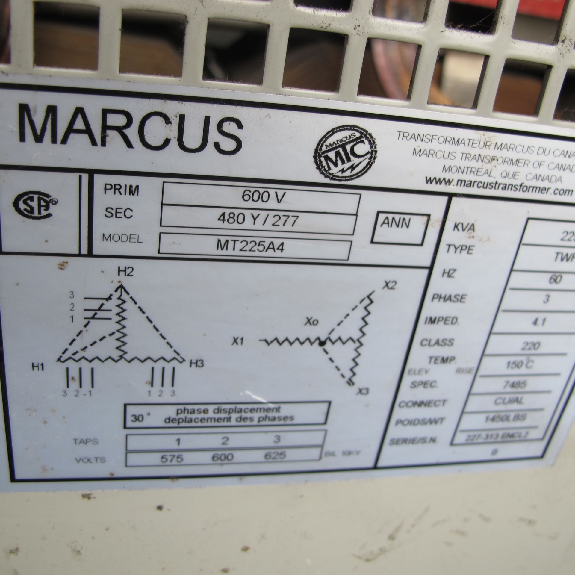 MARCUS TRANSFORMER 225 KVA, 3 PHASE (CUT CABLE 6" FROM PANEL/TRANSFORMER) - Image 2 of 2