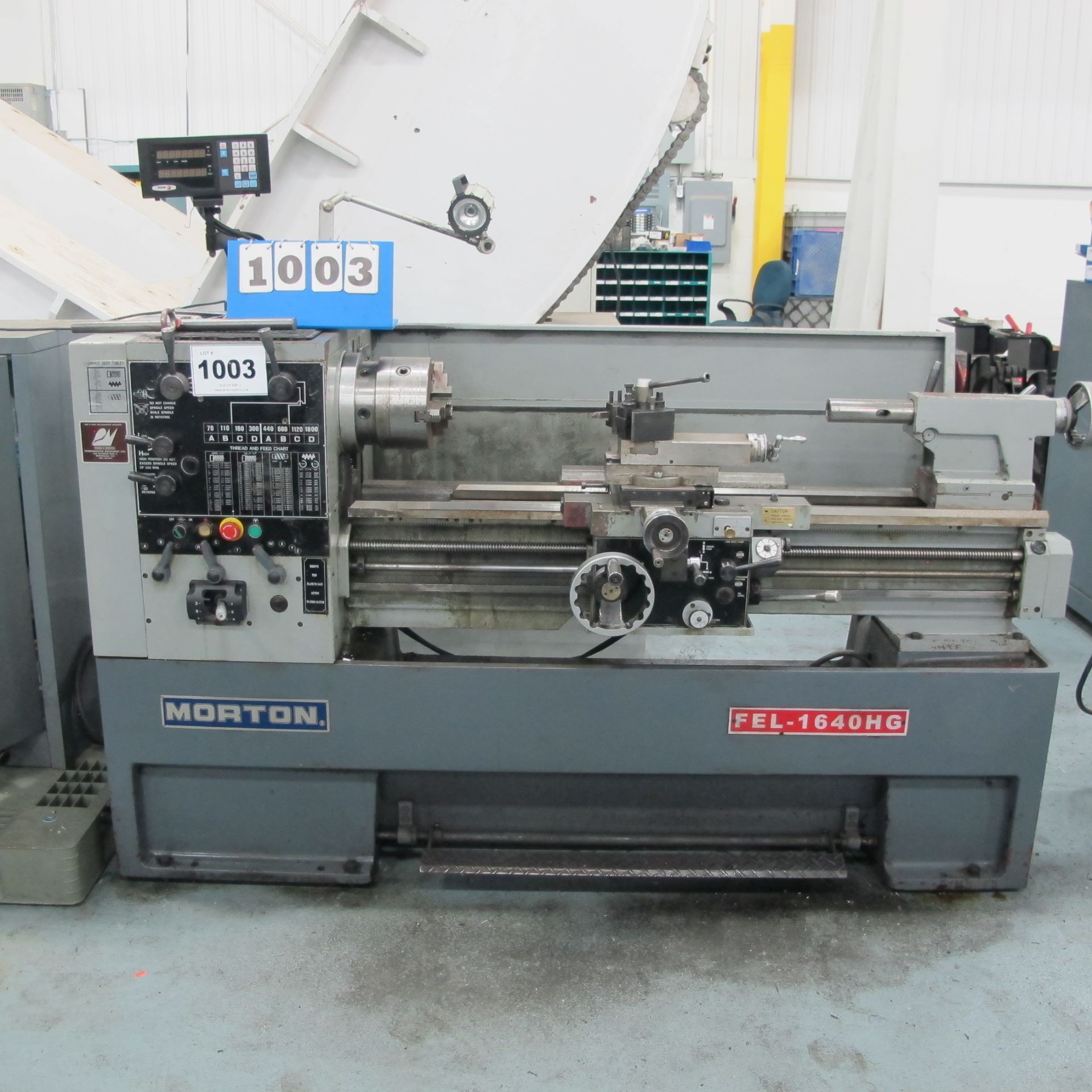 2003 MORTON FEL-1640HG ENGINE LATHE, FAGOR DRO, 3 JAW CHUCK, TAILSTOCK, TOOL POST S/N: 1640208641