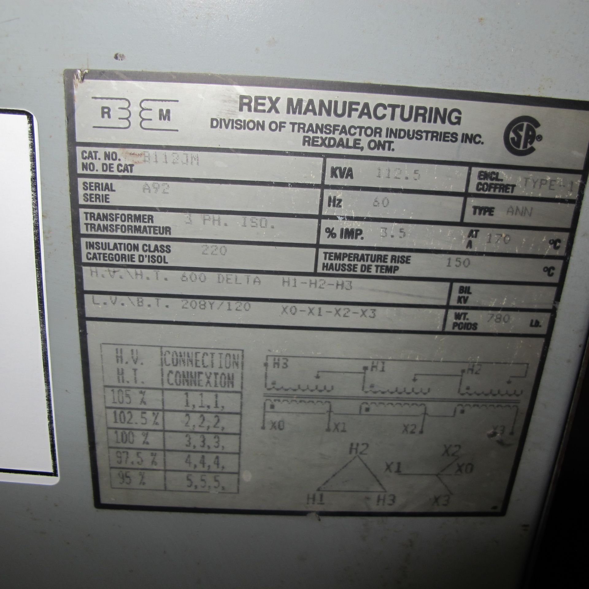 REX TRANSFORMER 112.5 KVA, PHASE 3 - Image 2 of 2