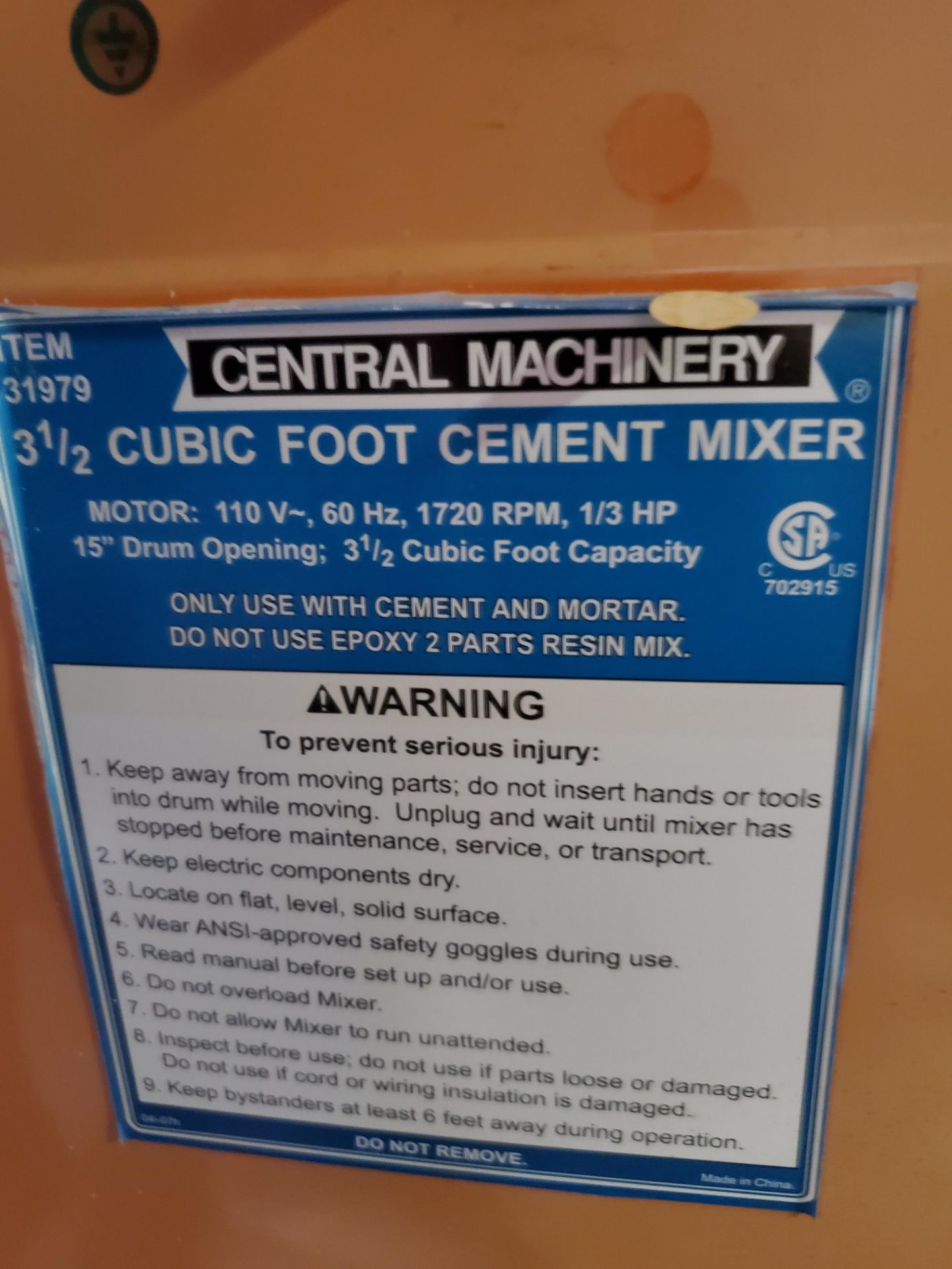 Central Machinery 3 1/2 cf Cement Mixer, 110 v - Image 2 of 2