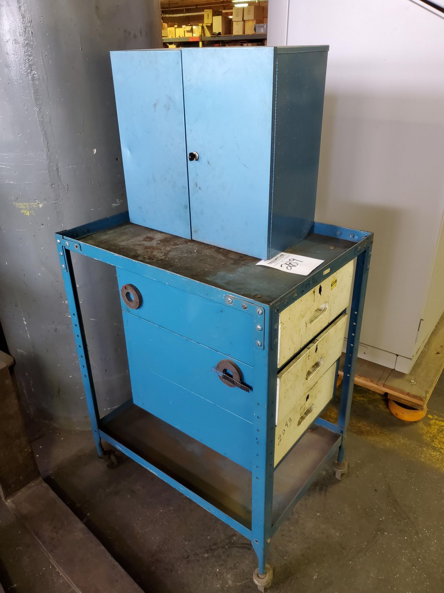 3-Drawer Shop Cart w/Lockable Wall Cabinet and contents approx 20 in sq