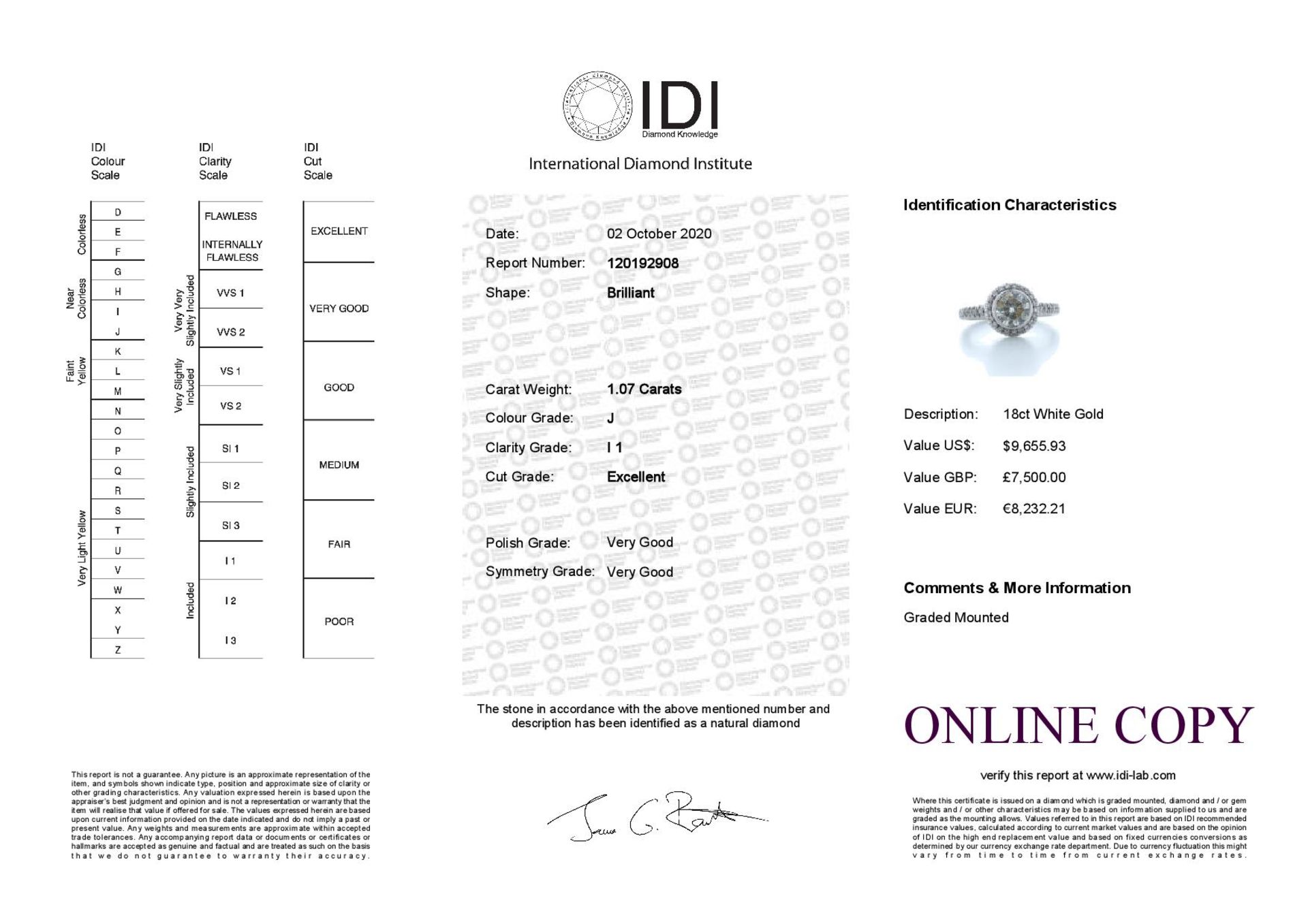 18ct White Gold Single Stone With Halo Setting Ring 1.39 Carats - Valued by IDI £7,500.00 - 18ct - Image 5 of 5