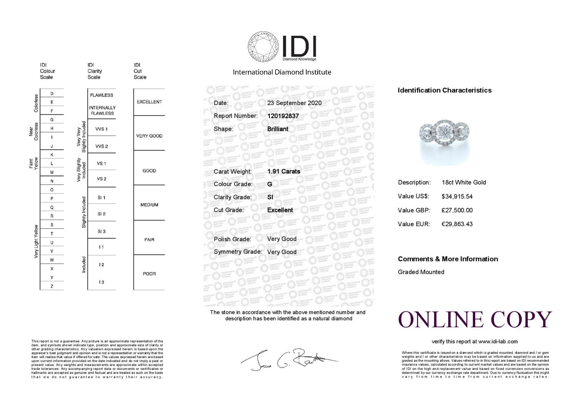 18ct White Gold Three Stone Halo Set Diamond Ring 1.91 Carats - Valued by IDI £27,500.00 - 18ct - Image 5 of 5