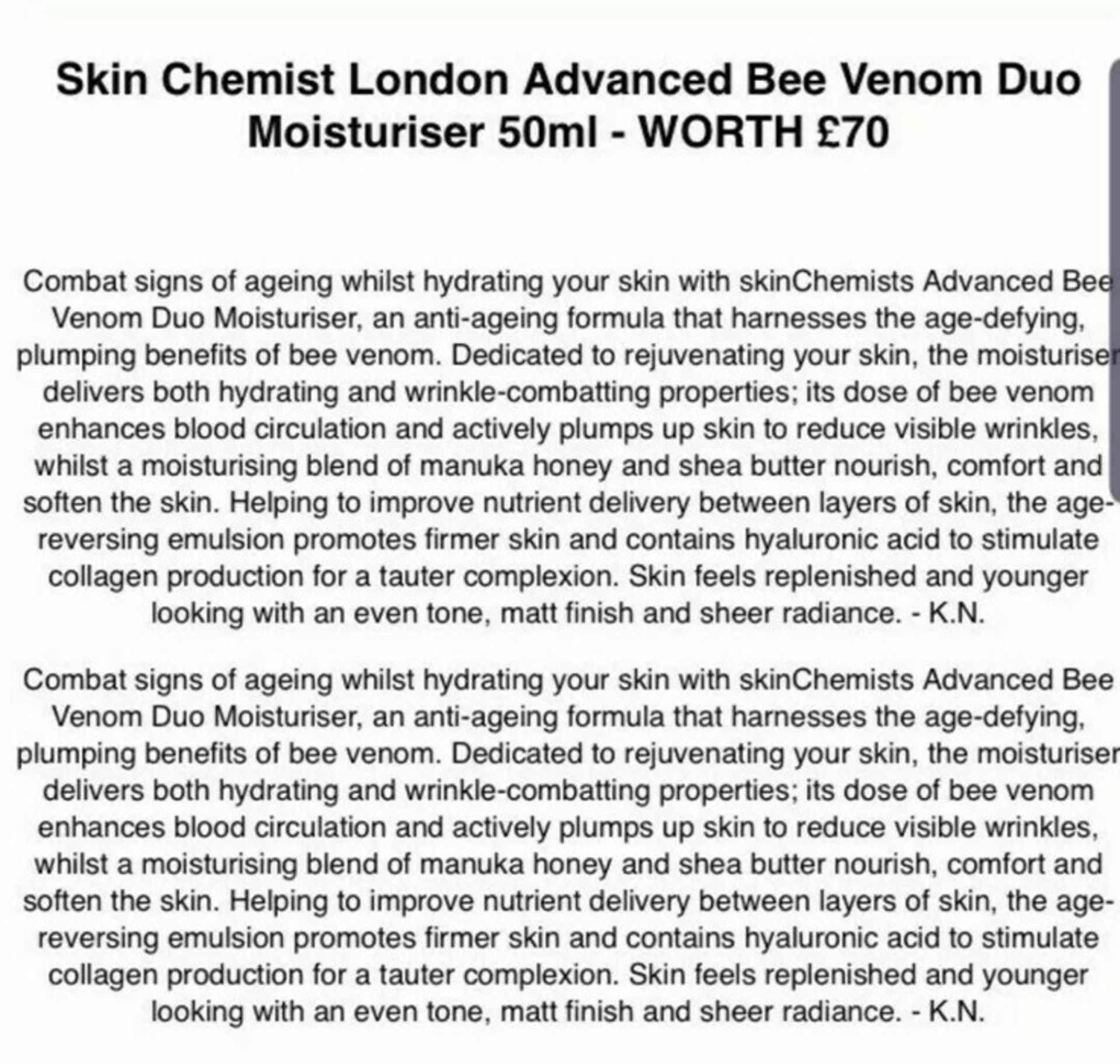 Boxed Brand New, Skin Chemist London Advanced Bee Venom Duo Moisturiser 50ml Best Treatment £79 - Image 2 of 3