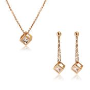 BRAND NEW SELAED ROSE GOLD PLATED TWO PIECE SET, INCLUDES NECKLACE AND EARRINGS, SET WITH CLEAR