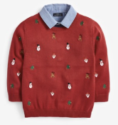 BRAND NEW - NEXT - Red Christmas Embroidered Jumper With Mock Shirt Collar SIZE 12-18MONTHS RRP £15
