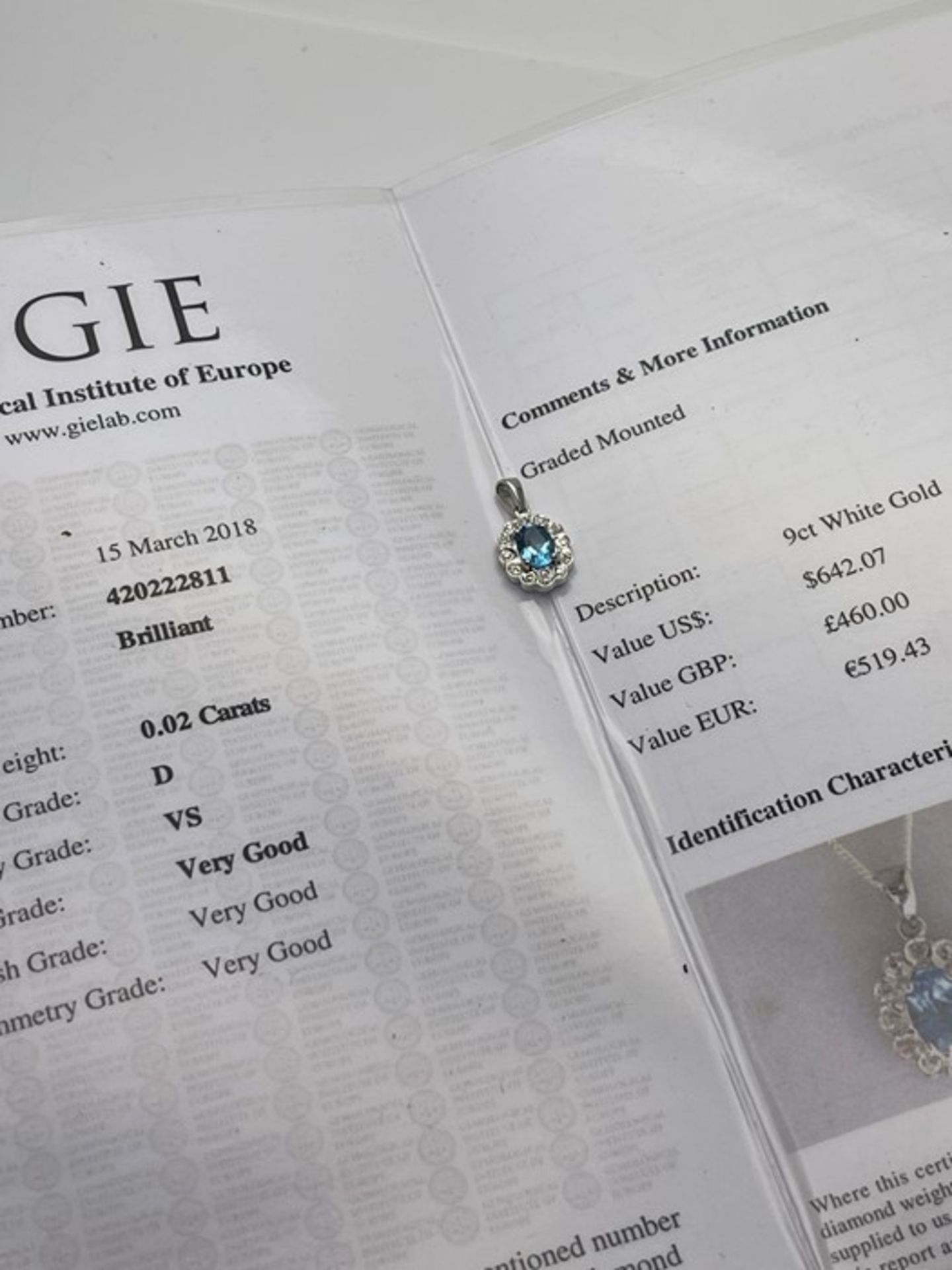 ***£460.00*** 9CT WHITE GOLD LADIES DIAMOND AND TOPAZ PENDENT - Image 3 of 3