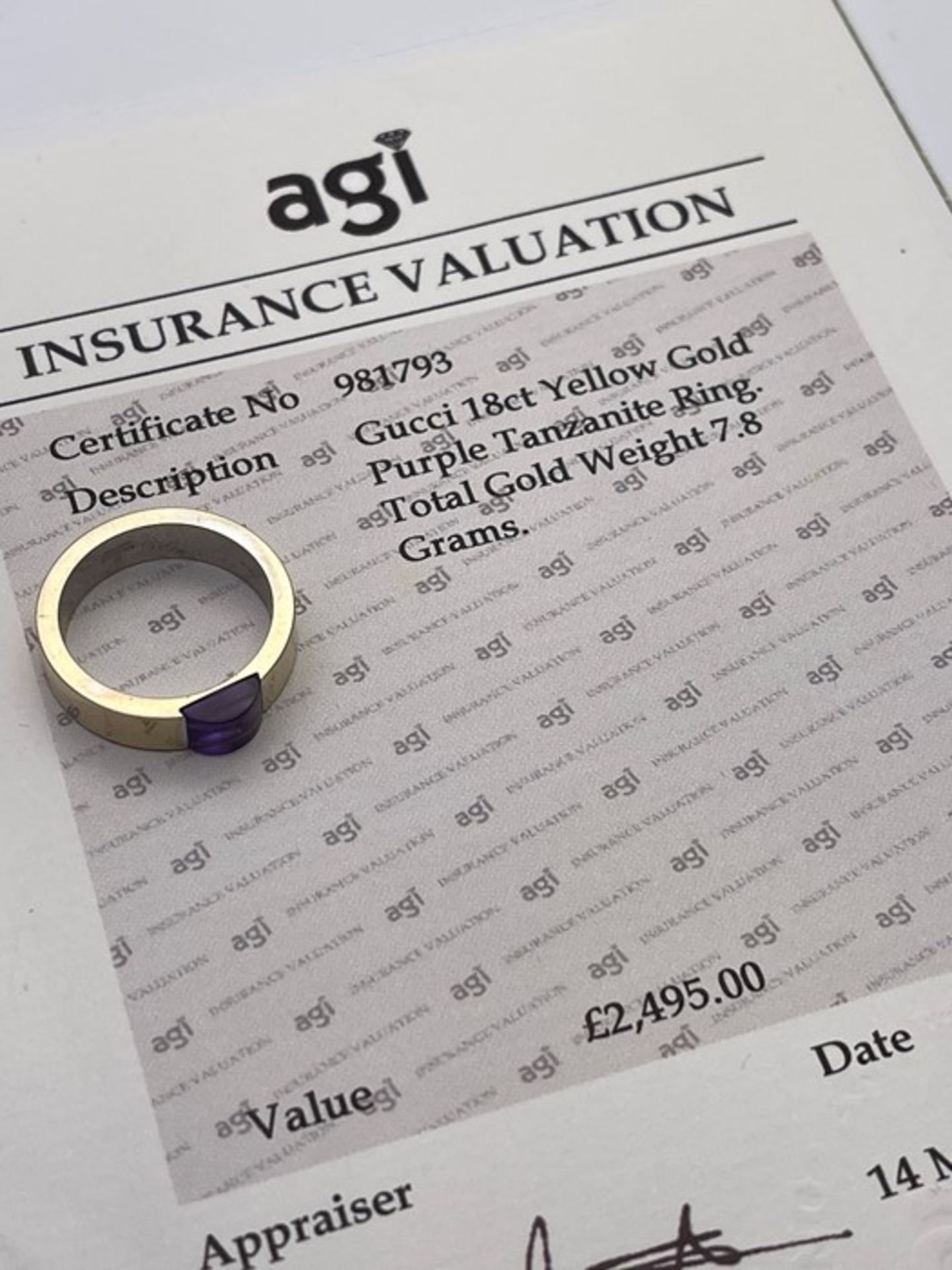 ***£2495.00*** 18CT YELLOW GOLD PURPLE TANZANITE RING, RING SIZE-N, INCLUDES AGI INSURANCE VALUATION - Image 3 of 3