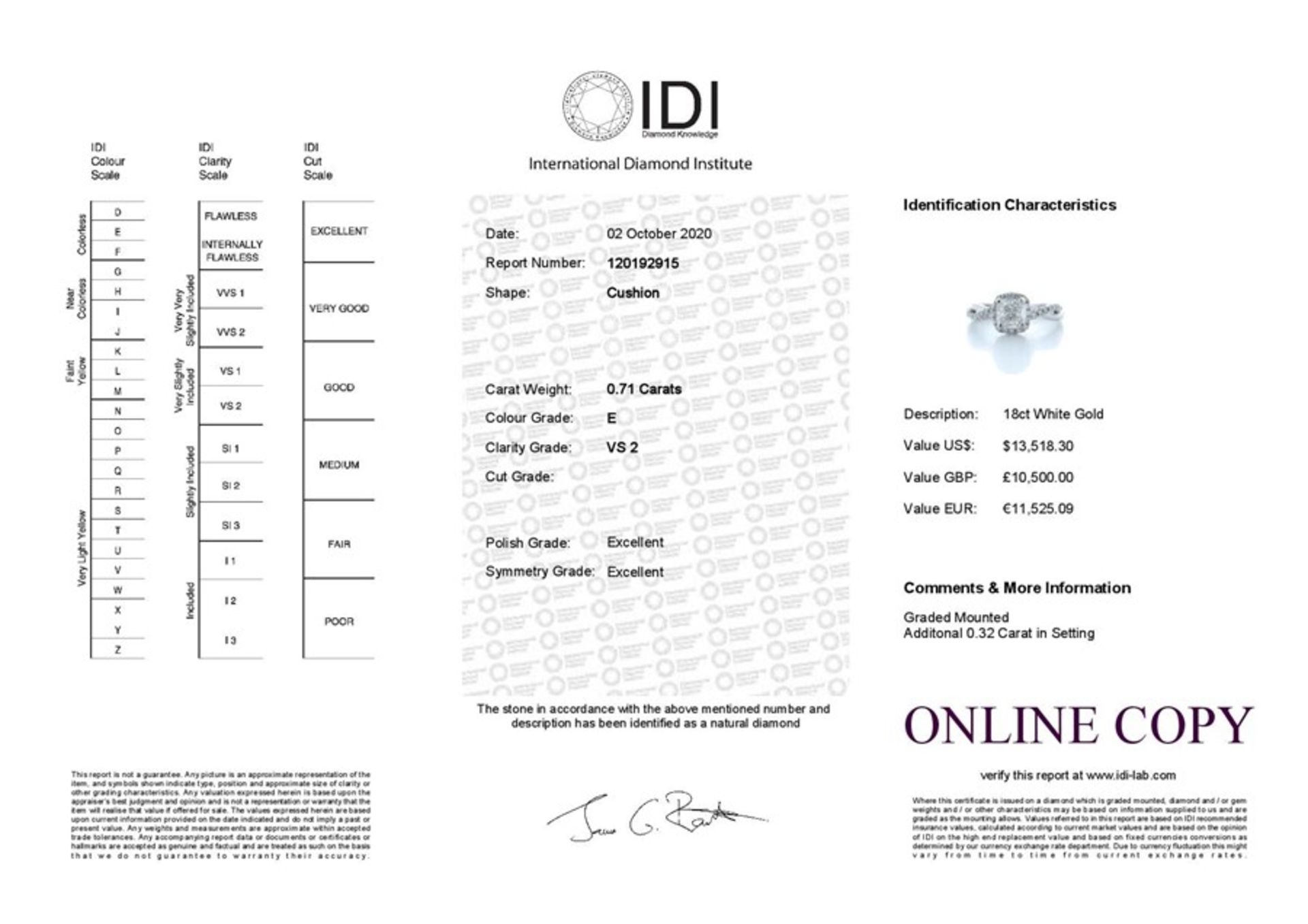 18ct White Gold Cushion Cut Diamond Ring 1.03 (0.71) Carats - Valued by IDI £10,500.00 - Image 5 of 5