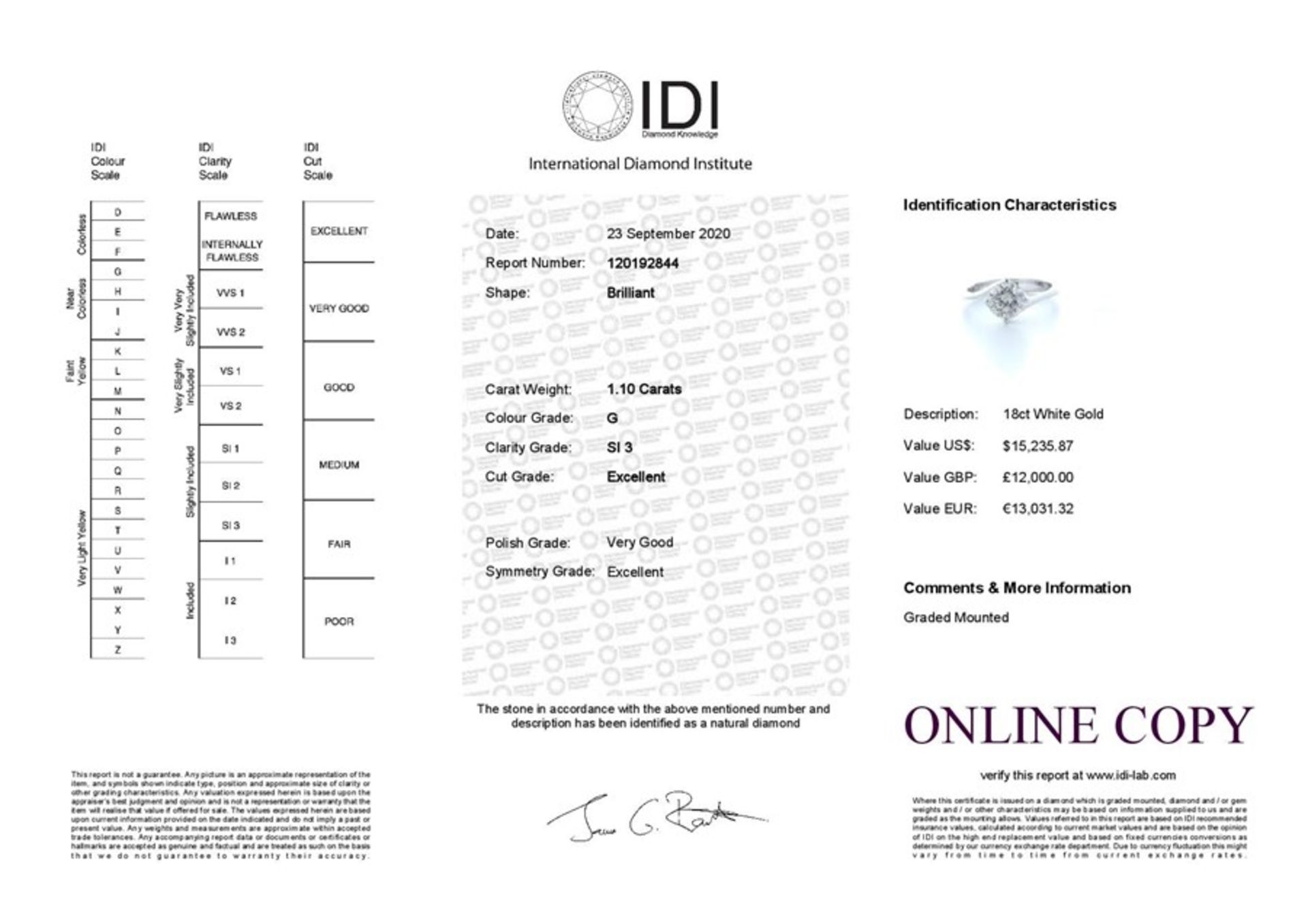 18ct White Gold Single Stone Prong Set Diamond Ring 1.10 Carats - Valued by IDI £12,000.00 - Image 5 of 5