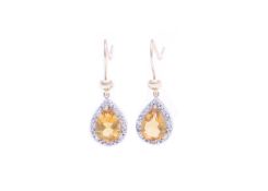 9ct Yellow Gold Citrine Diamond Earring 0.13 Carats - Valued by AGI £895.00 - 9ct Yellow Gold