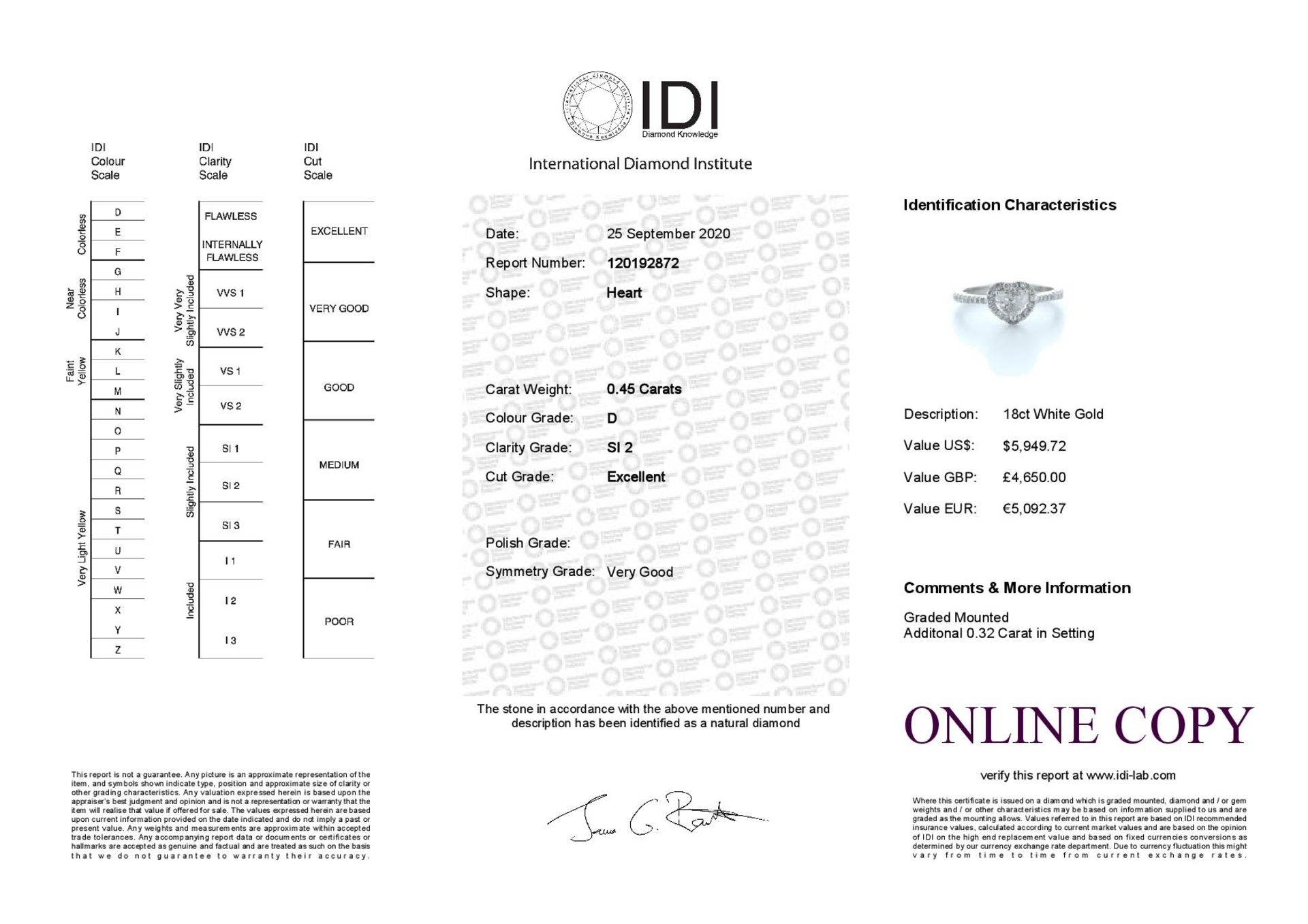 18ct White Gold Heart Shape Diamond With Halo Setting Ring 0.77 (0.45) Carats - Valued by IDI £4, - Image 5 of 5