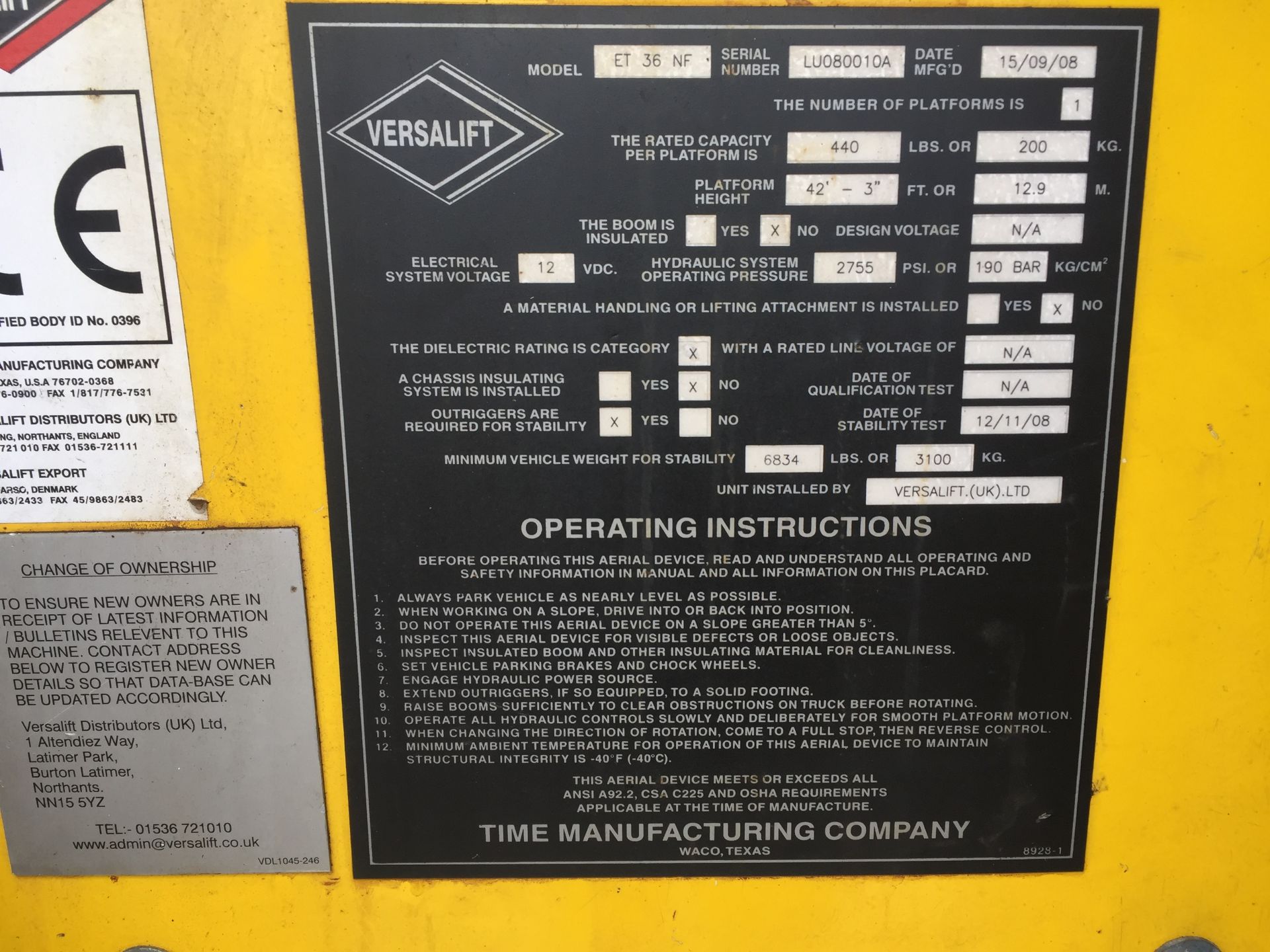 09D2813 Ford Transit Cherry Picker Hoist Van 2 Dr Unit Diesel - 306,050 km - 2008 Versalift ET36NF C - Image 10 of 15