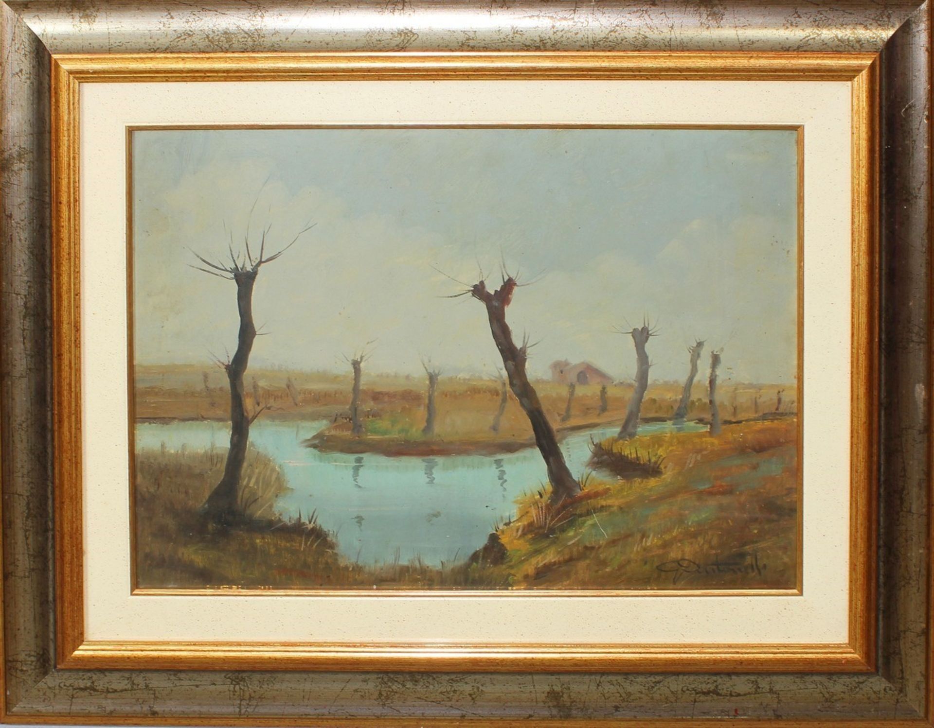 Scorcio delle paludi del Lago di Mantova, a firma Antonelli, olio, cm.50x40