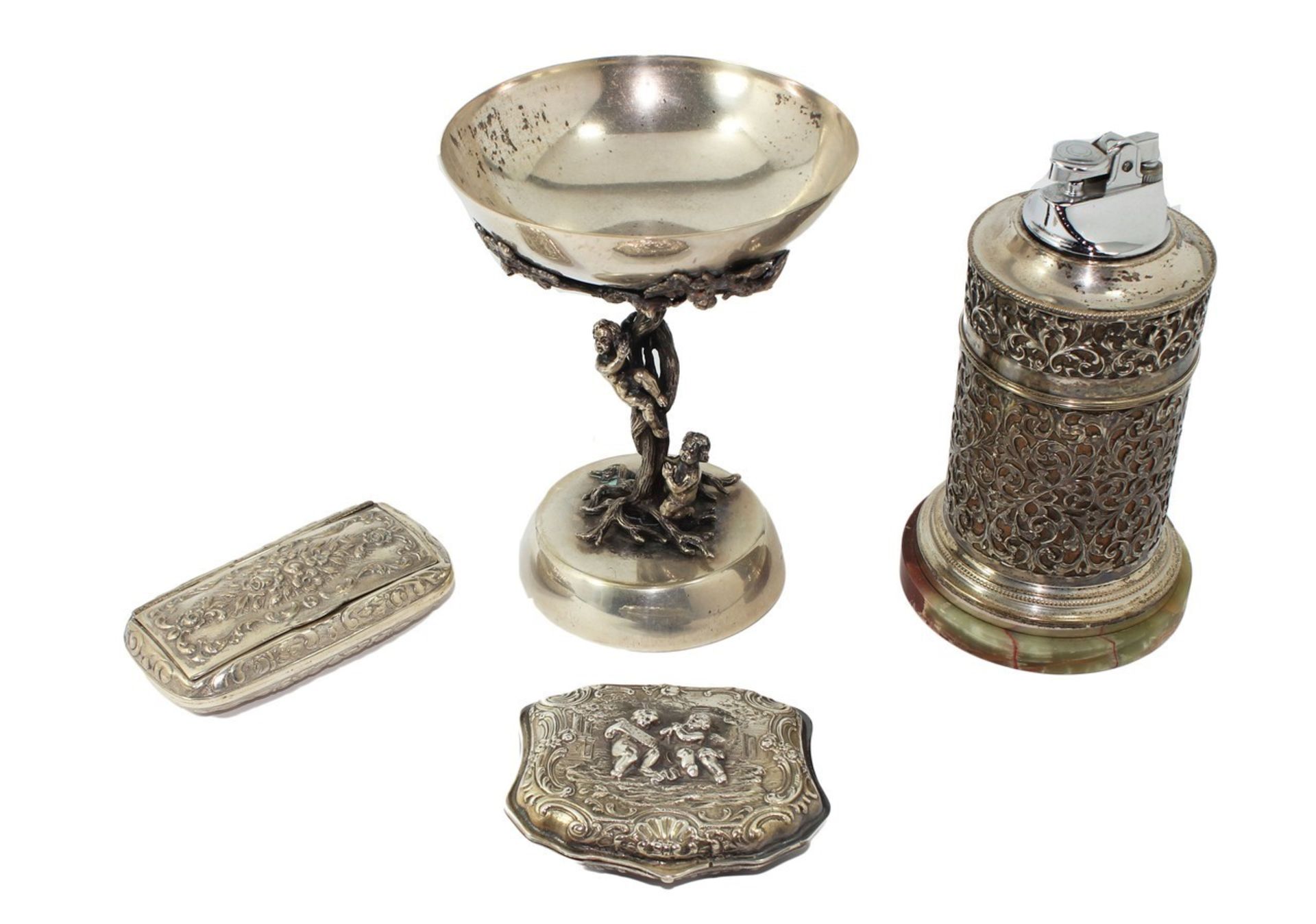 Collezione di tabacchiere, scatoline e piccoli oggetti in metallo e argento antichi, piccoli