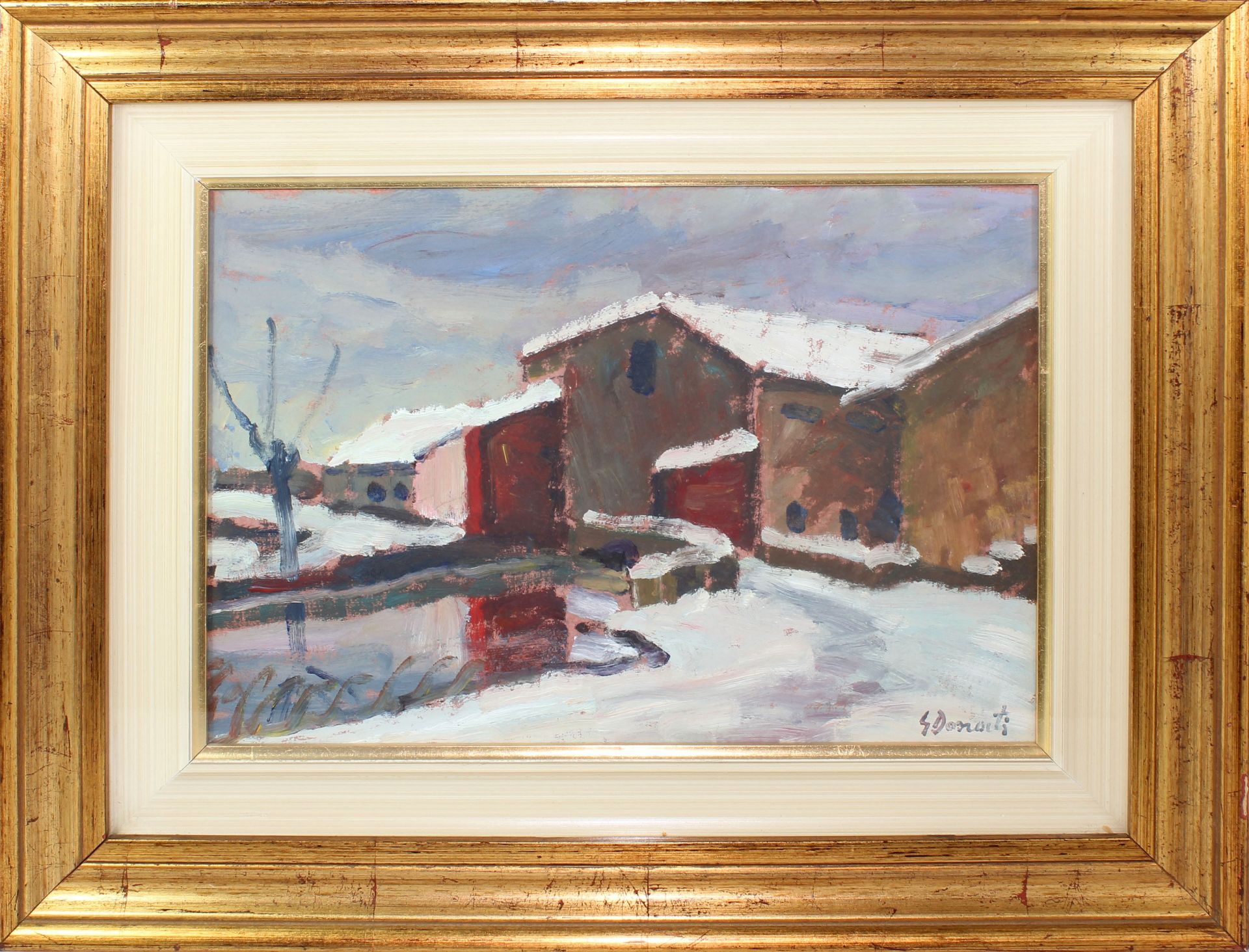 Nevicata, a firma G. Donati, olio su faesite, cm. 35x25