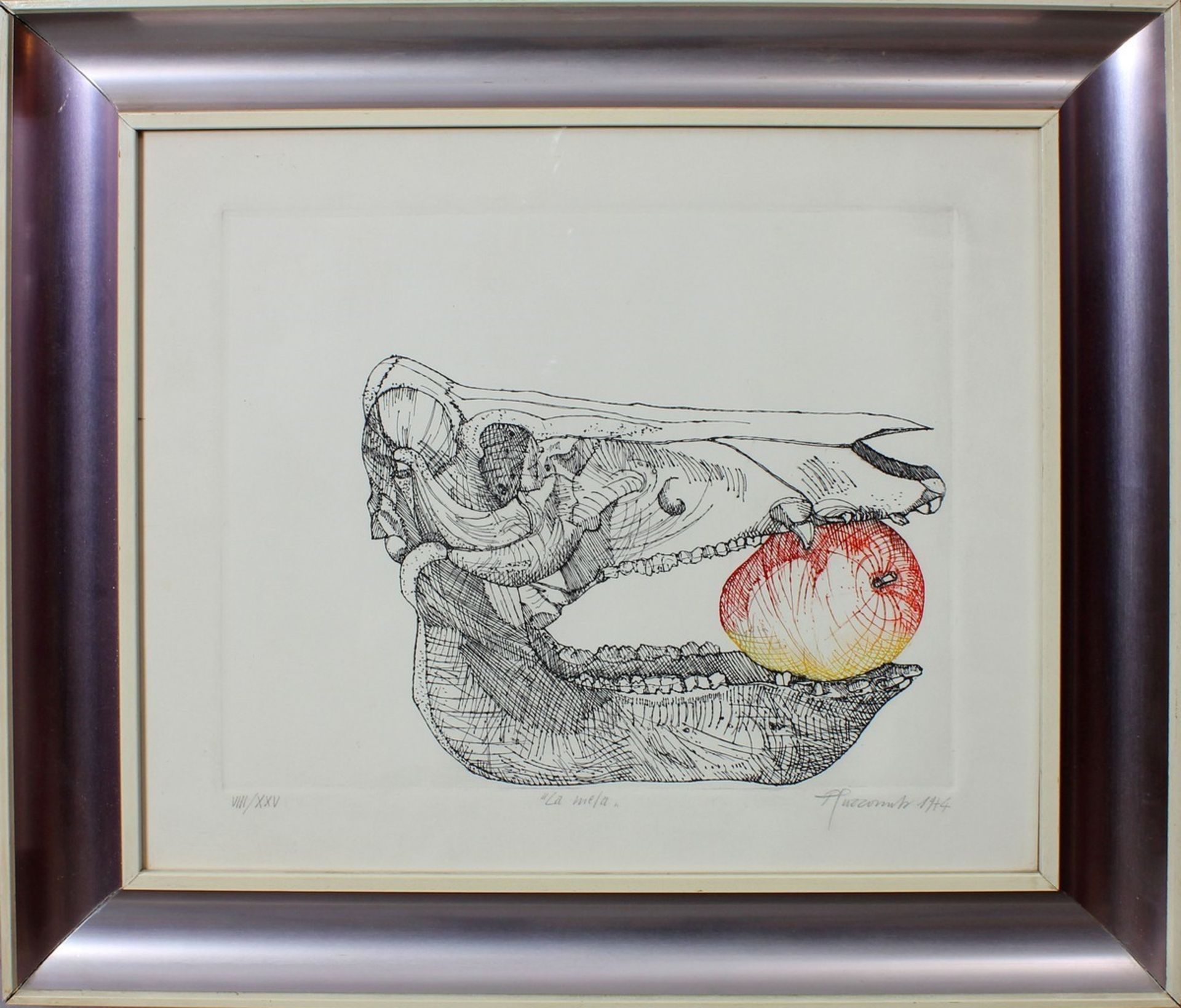 La mela, a firma P. Pozzamibi? 1974, incisione a colori VIII/XXV, cm. 39x44
