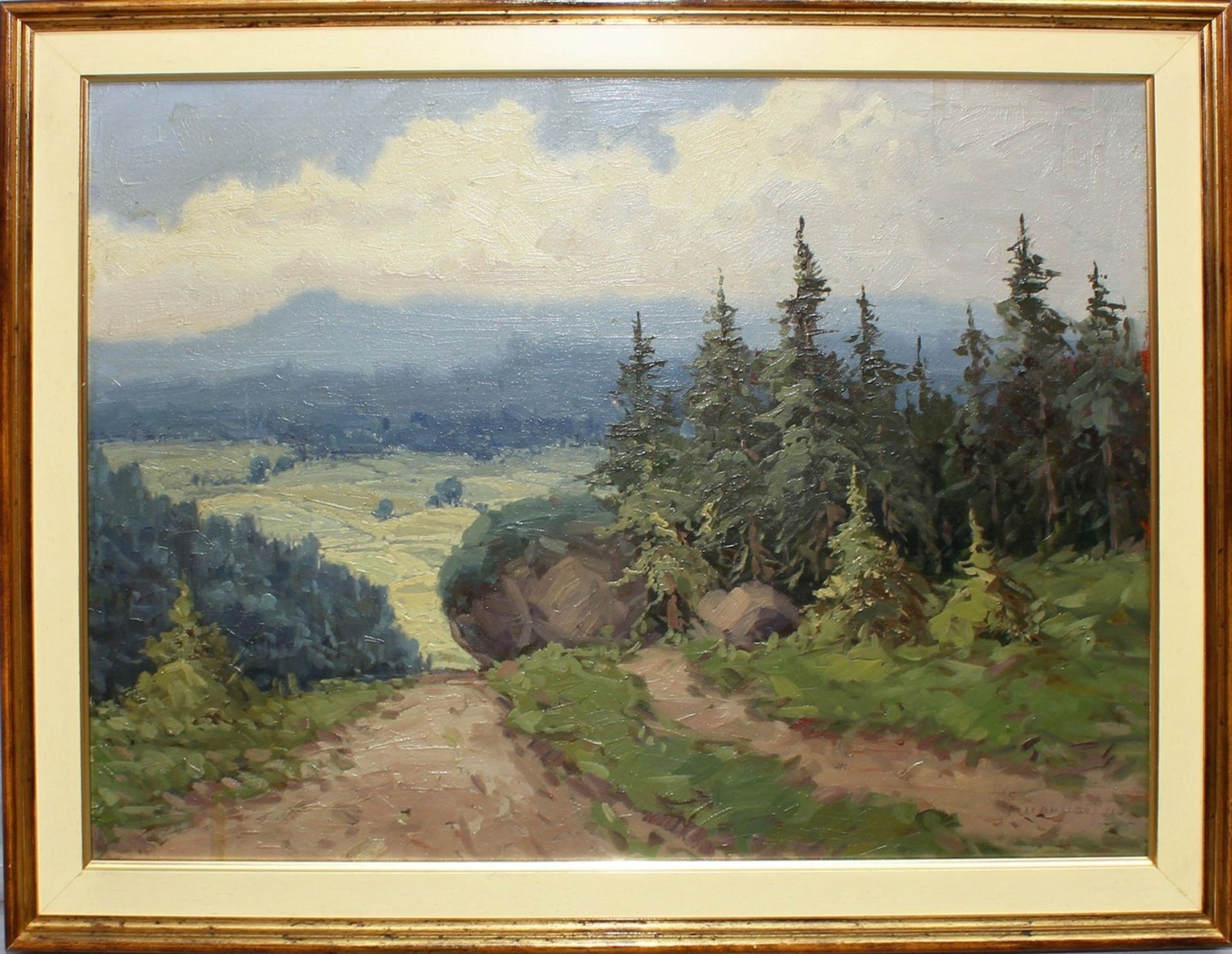 Lotto di 3 dipinti: Scorcio di paesaggio montano, olio su faesite cm. 70x46, Scorcio di bosco,