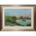 Lago con barca, a firma G. Antonelli, olio, cm.40x60