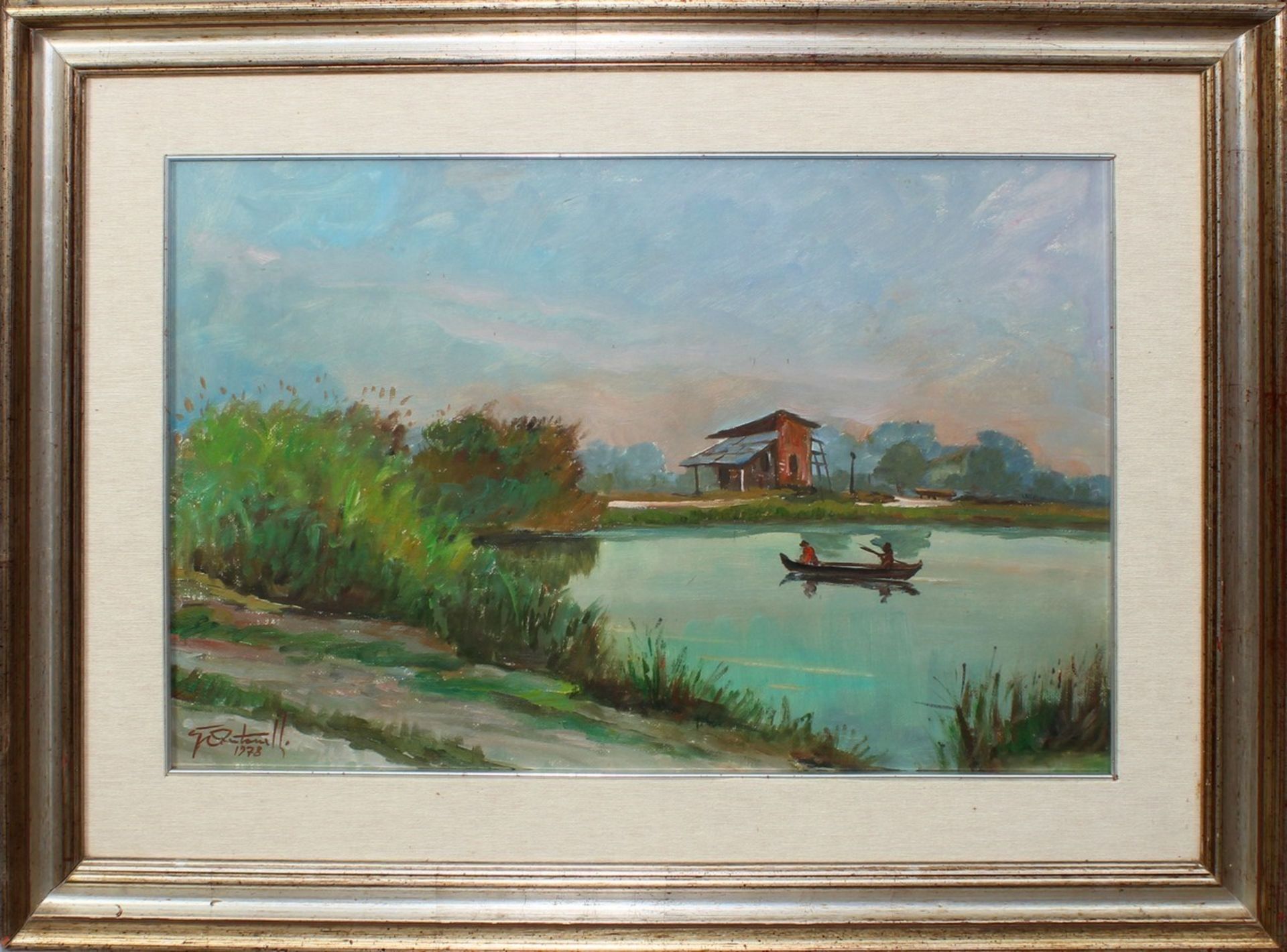 Lago con barca, a firma G. Antonelli, olio, cm.40x60