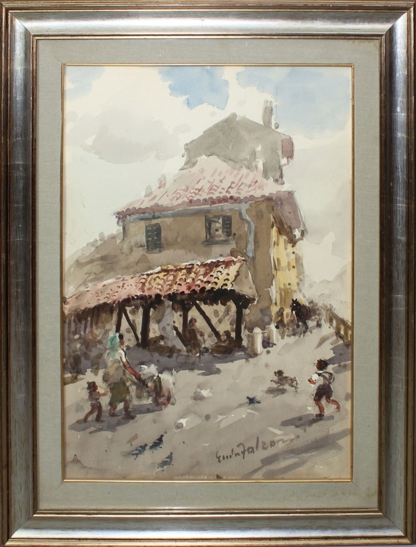 Vecchia Milano, a firma G. Falzoni, acquerello, cm.50x70