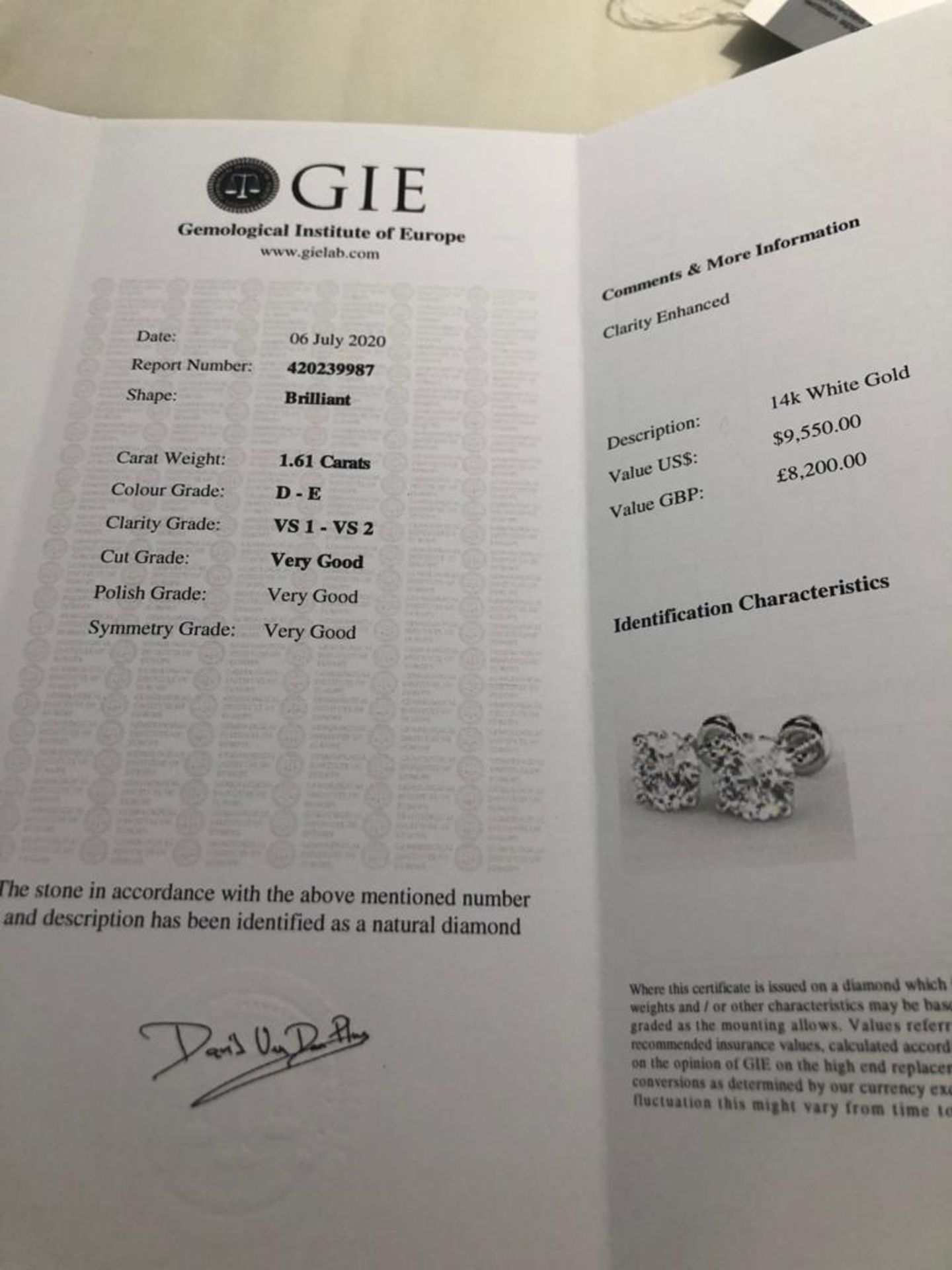 1.61 CT APPROX DIAMOND EARNINGS GIE CERIFICATE - Image 9 of 9