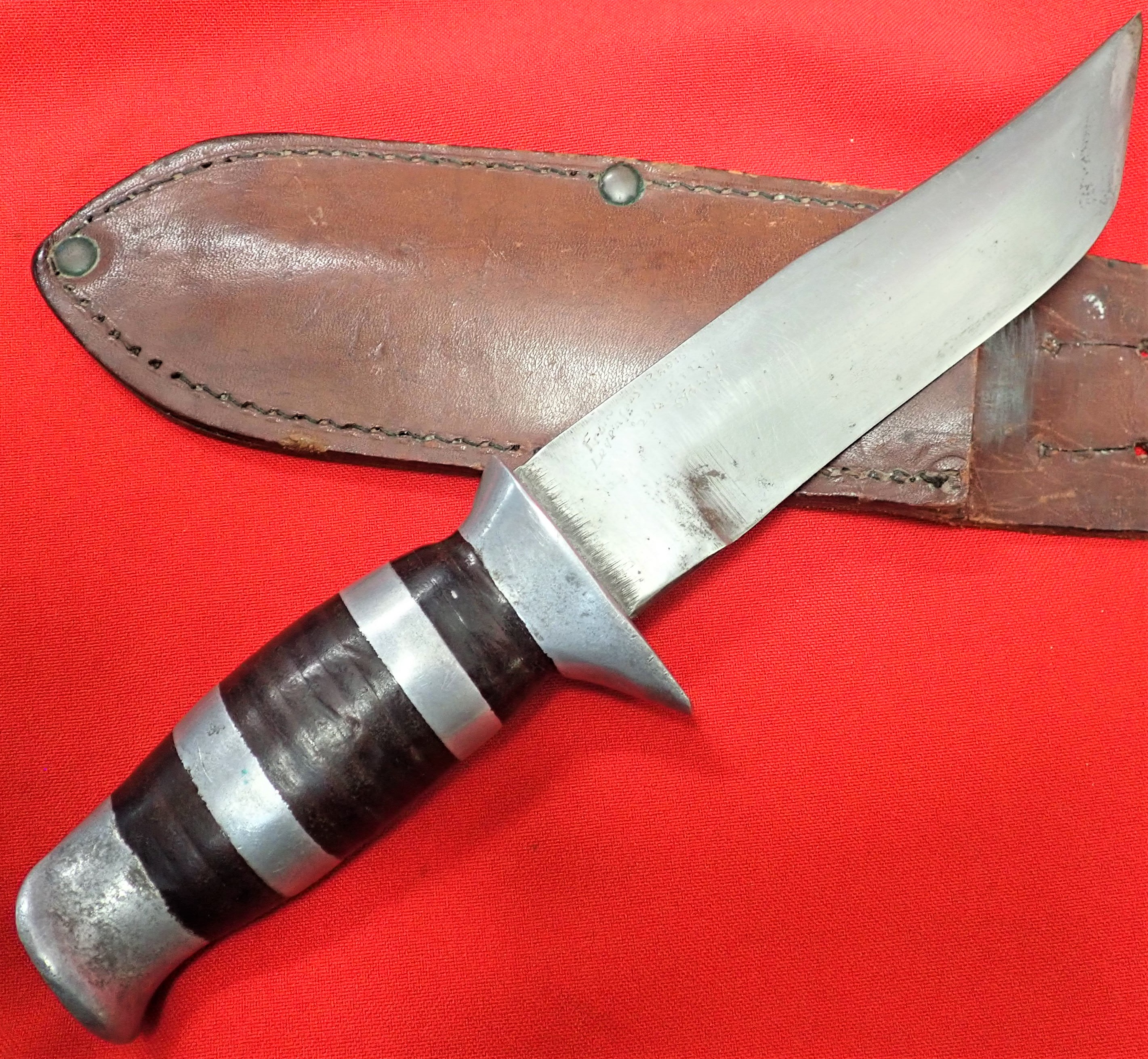 WW2 Australian fighting knife & scabbard, being originally gifted by Levenson Radio, Sydney. - Image 2 of 11