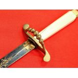 1820s George III era British navy dirk in blue & gilt with ivory hilt.