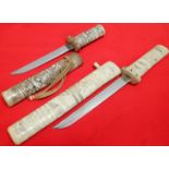 19th century Meiji Japanese tanto engraved bone knives with scabbards (2)