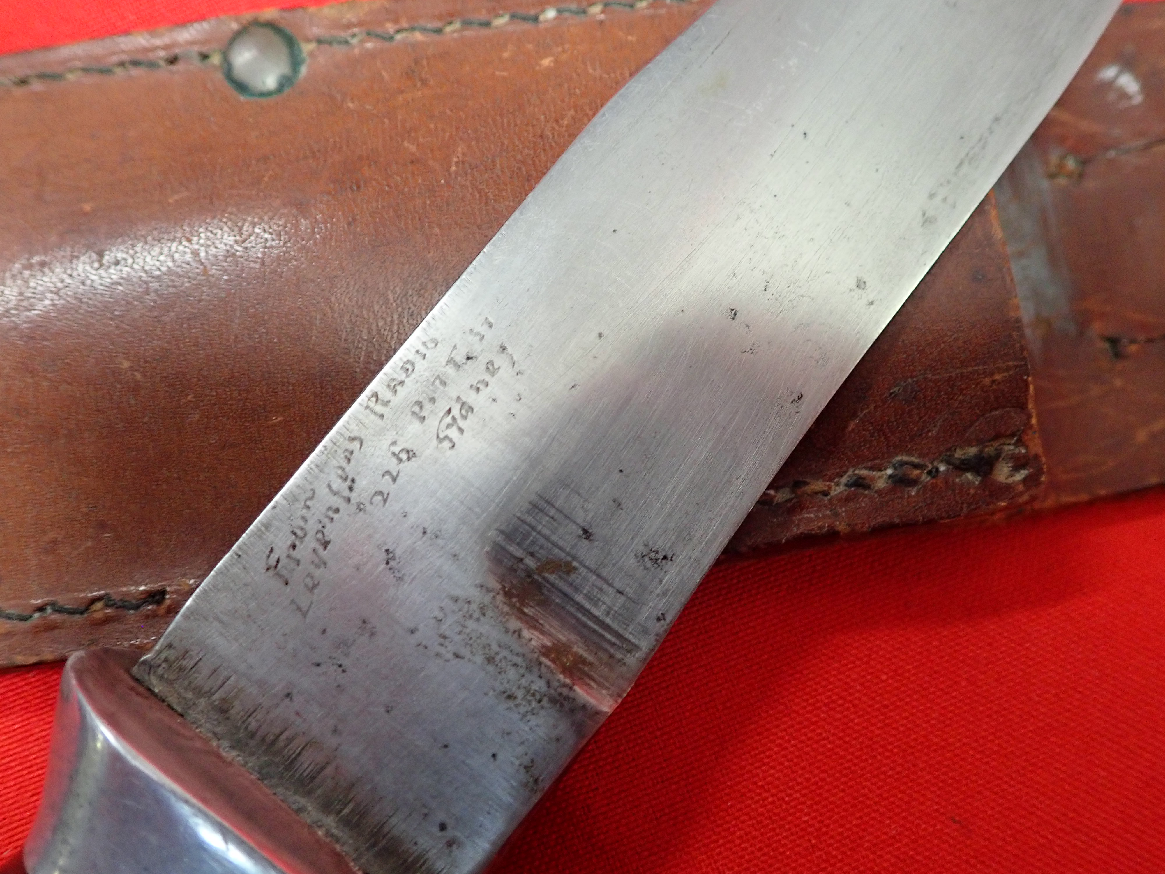 WW2 Australian fighting knife & scabbard, being originally gifted by Levenson Radio, Sydney. - Image 8 of 11