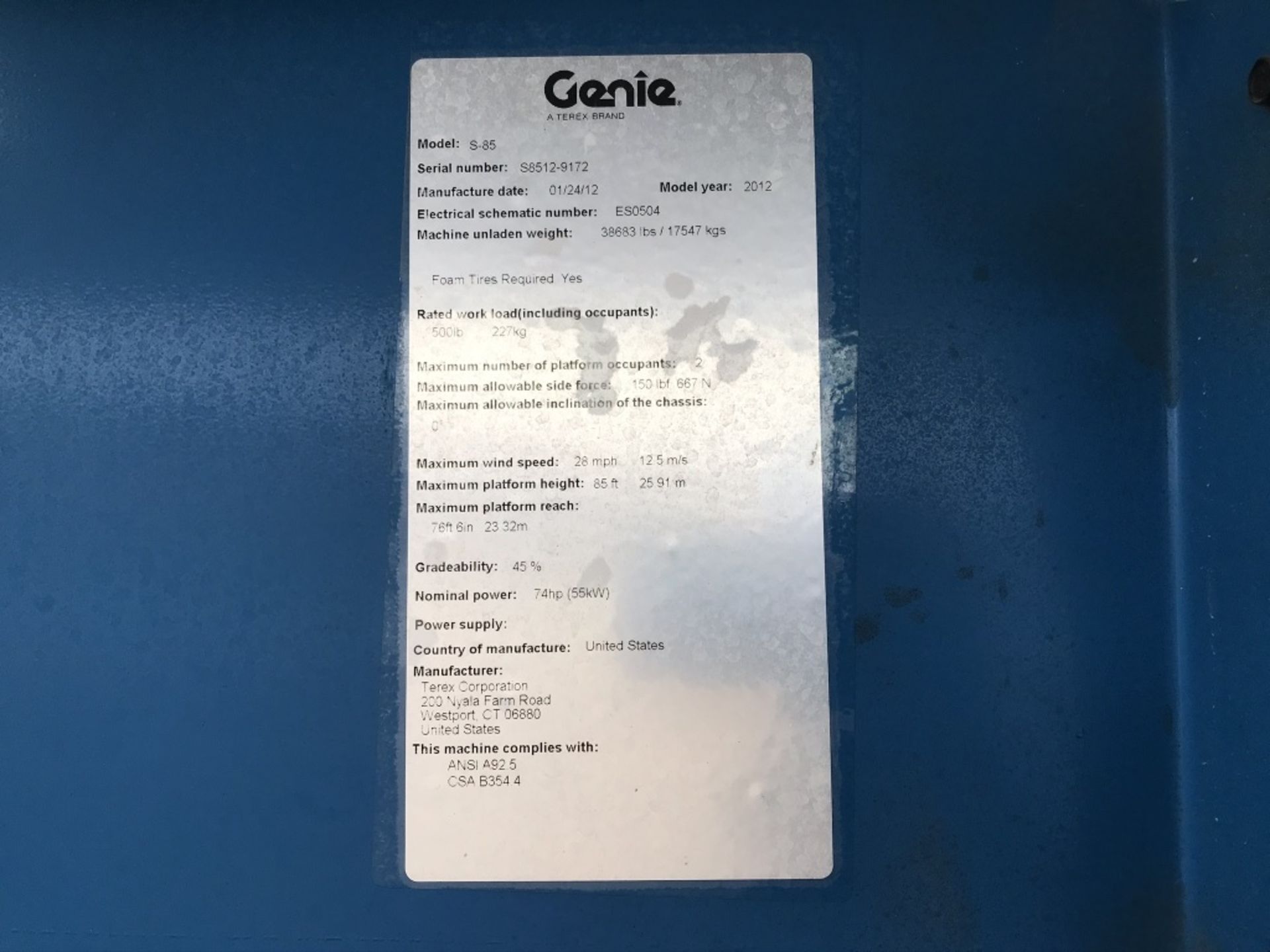 2012 Genie S85 4x4 Boom Lift - Image 15 of 17