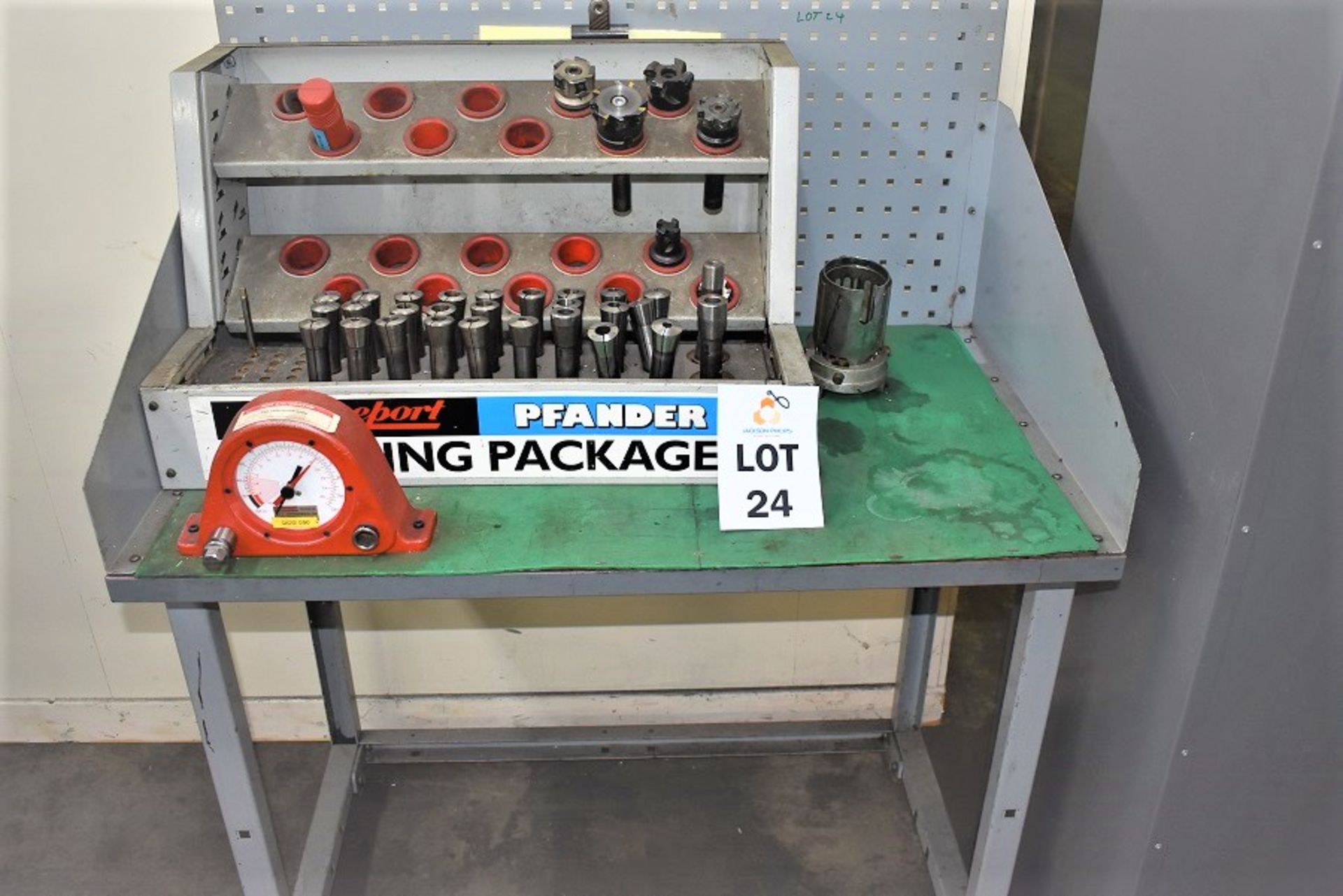 1 X STEEL BENCH & BRIDGEPORT TOOL HOLDER PACKAGE WITH HEADS, COLLETS & CUTTERS & 1 X TORQUELEADER