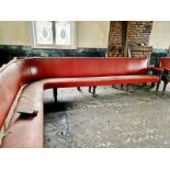L Shaped bespoke studded Red Leather Pub Bench with Carved Frame stretching a good 350cm X 360cm