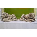 Pair of Cast Stone Recumbent Lion Figures