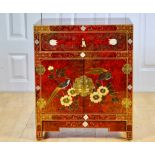 Fine Chinoiserie Red Lacquered Bedside Table Cabinet