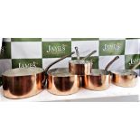 Collection of Five Graduating Full Size French Vintage Lined Copper Pans