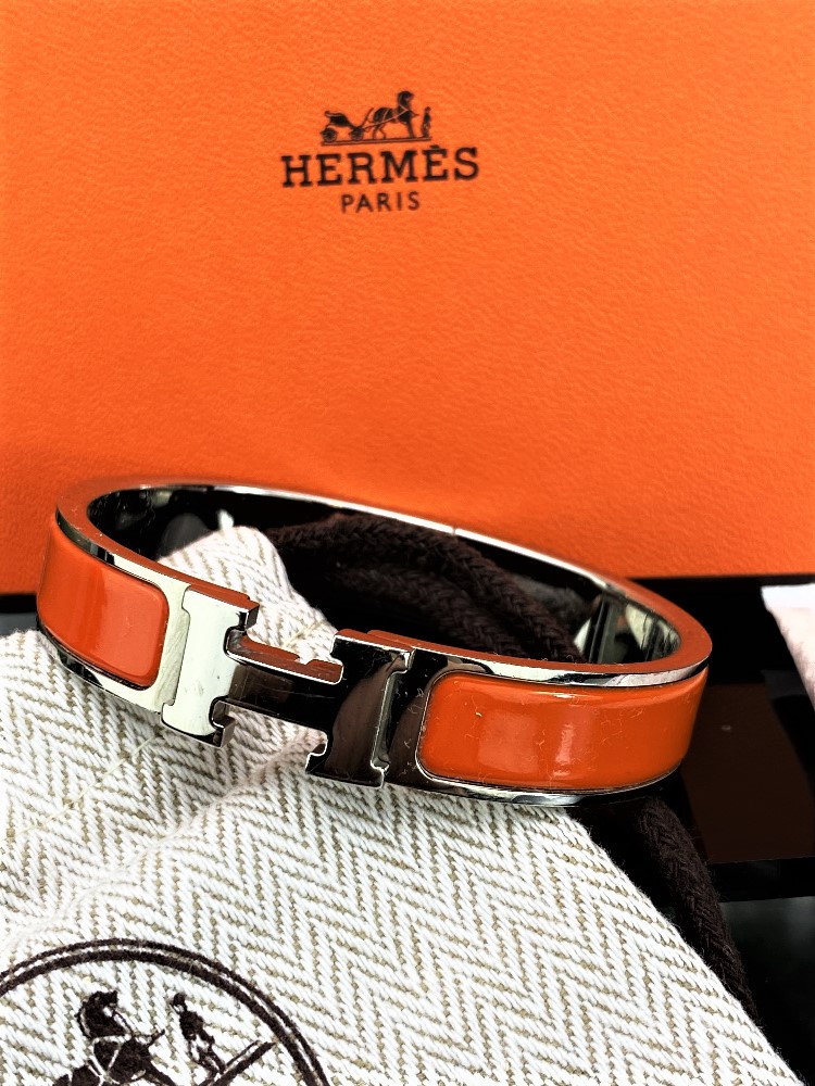 Hermes` Paris "H" Bangle Bracelet Orange Enamel