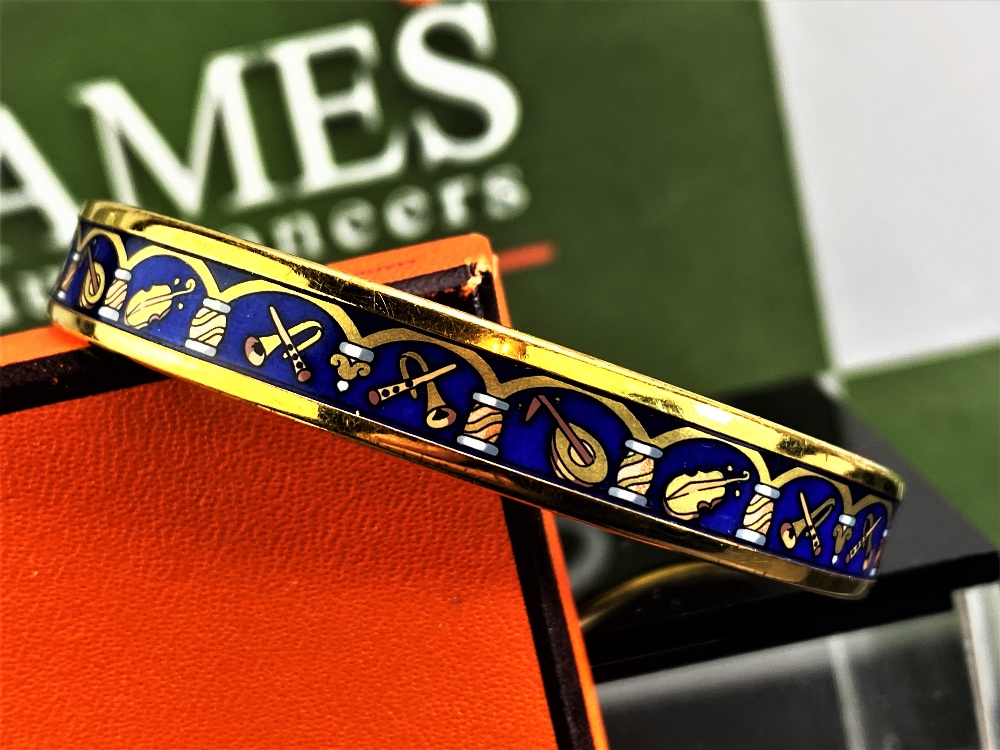 Hermes Gold Plated & Blue Enamel Musical Instruments Bracelet