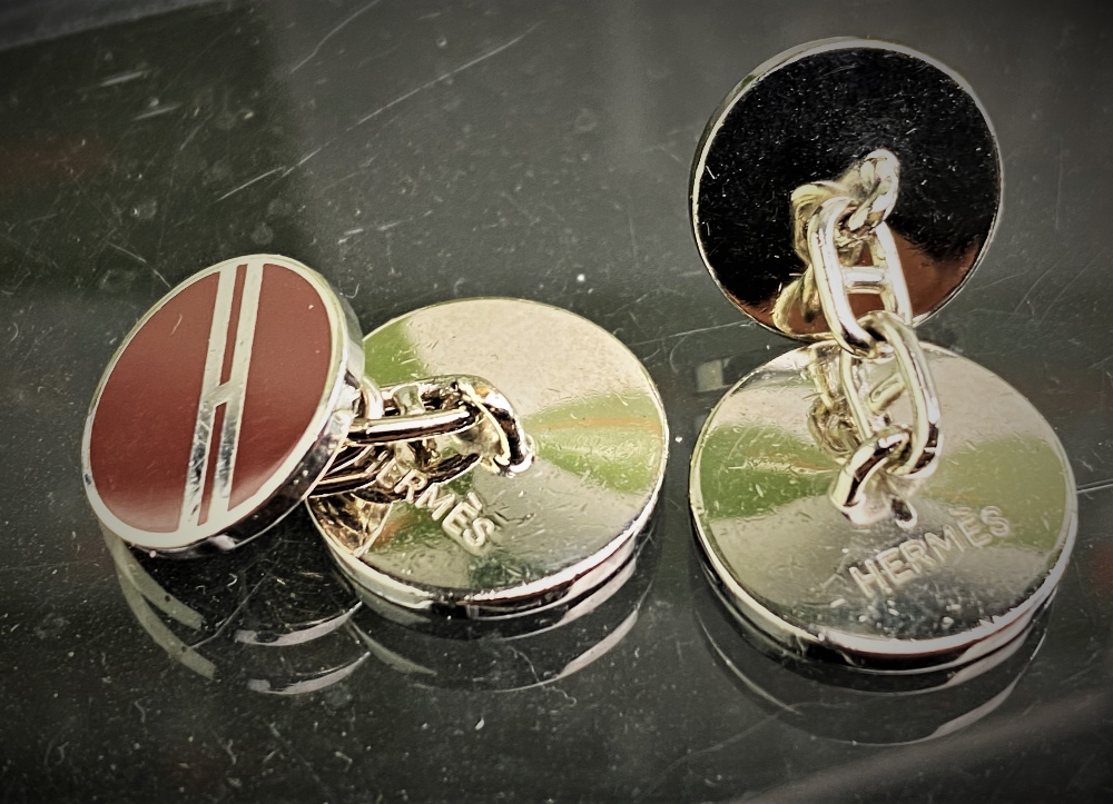 Hermes Vintage H Enamel & Silver Plated Cufflinks