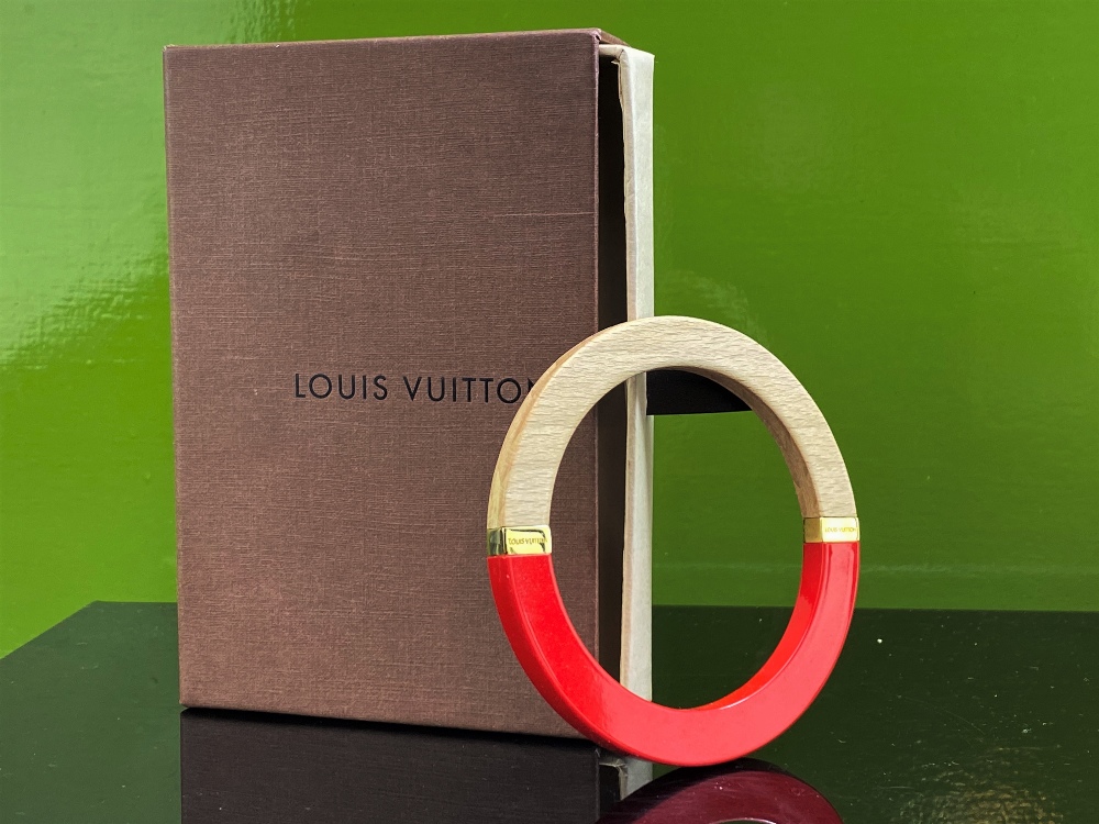 Louis Vuitton Red And Wood Bangle Bracelet With Gold Trim