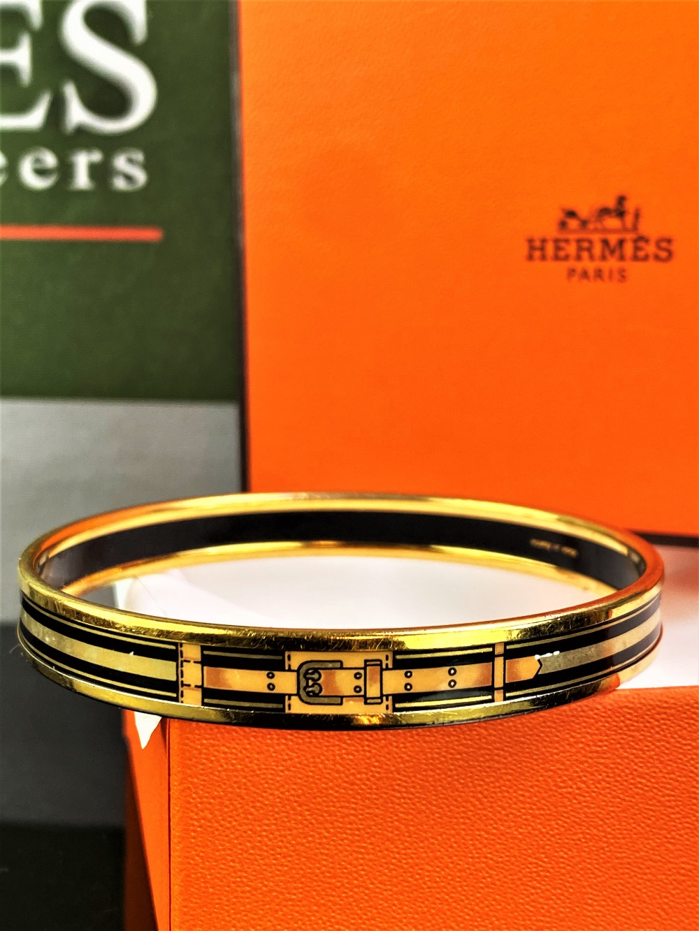 Hermes Gold Plated Grand Menege Belt Design Black/Tan Enamel Bangle